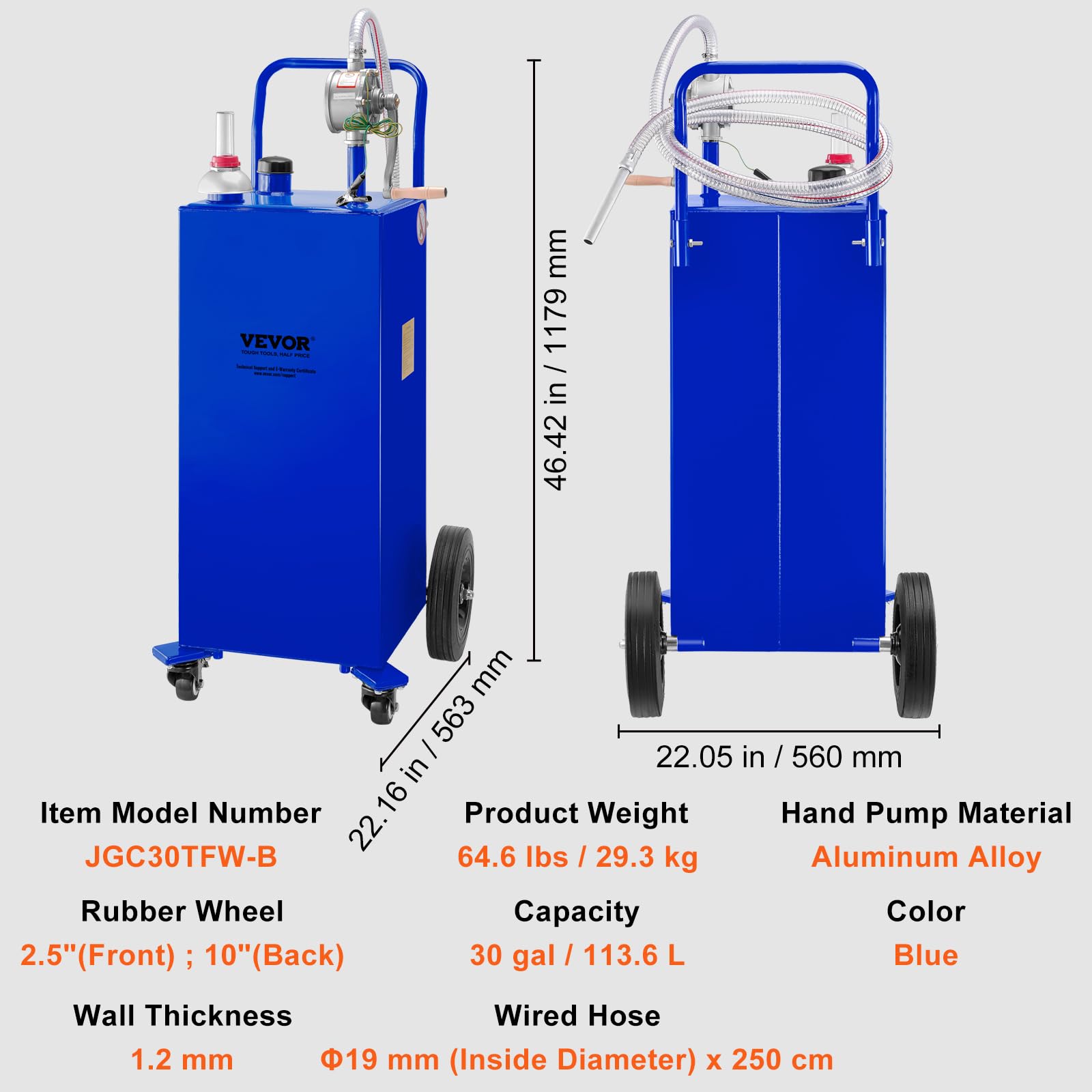 VEVOR 30 Gallon Fuel Caddy with Manual Transfer Pump - Heavy Duty Gas & Diesel Storage Tank on 4 Wheels - Portable Fuel Container for Cars, Lawn Mowers, ATVs, Boats - Ideal for Home, Farm & Worksite Use