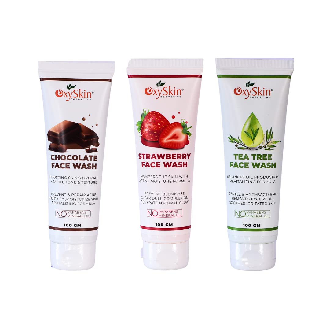 Oxyskin Cosmetics 3-Pack Facial Cleanser Set - Chocolate, Strawberry & Tea Tree for Acne-Prone & Sensitive Skin | Gentle Exfoliating & Hydrating Face Wash for Daily Skincare Routine
