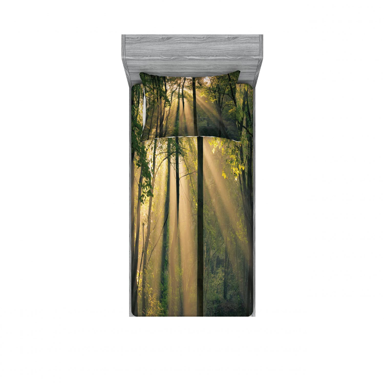 Ambesonne 2-Pack Twin Fitted Sheet & Pillow Sham Set - Summertime Countryside Design (Green/Beige/Black) | 4-Piece Bedding Collection for Cozy Home Decor | Perfect for Guest Rooms, Dorms & Vacation Homes