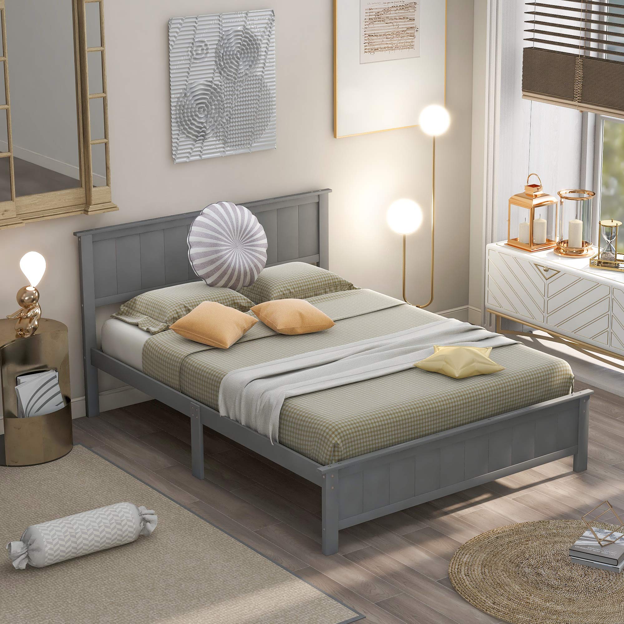 Kteam Full Size Platform Bed Frame with Headboard - Sturdy Wooden Bed Frame, No Box Spring Required (Grey) - Perfect for Modern Bedrooms, Guest Rooms & Small Spaces