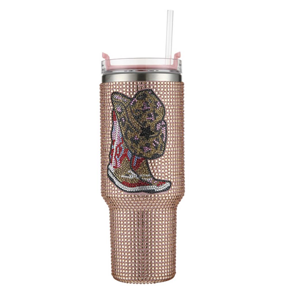 Western Boot Rhinestone Tumbler with Handle and Straw - Country Themed Peach Insulated Cup for Women - Perfect for Cowgirl Parties, Rodeo Events & Country Music Festivals