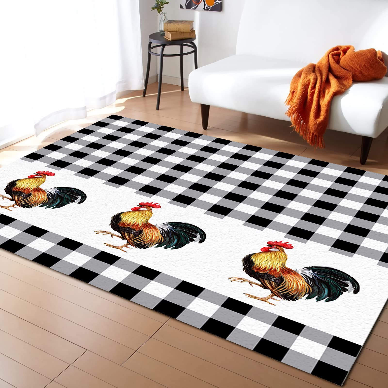 Black Rooster Area Runner Rug 5'x7' - Washable Indoor Outdoor Rug for Kitchen, Living Room, Bathroom, Bedroom, Classroom & Laundry Room - Farmhouse Buffalo Plaid Checkered Doormat - Perfect for Entryway, Office Desk & Welcome Floor Mat