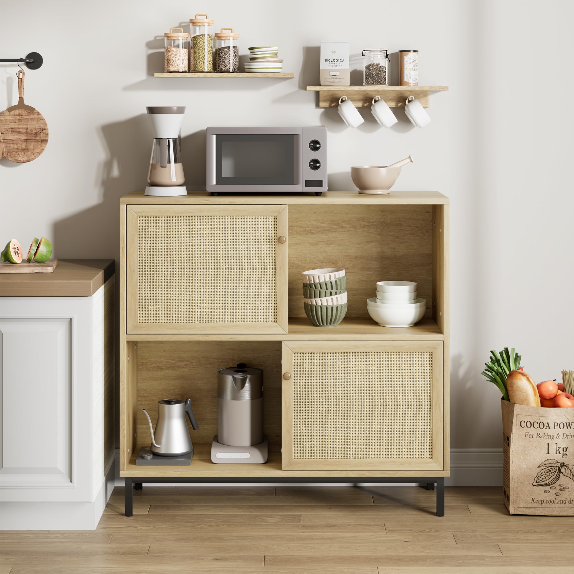 GAOMON Coffee Bar Cabinet - Rattan Sideboard Buffet with Sliding Doors, Wood Wine Liquor Storage Cabinet with 4 Display Cubes - Perfect for Living Room, Kitchen & Dining Room - Ideal for Home Entertaining & Stylish Storage Solutions