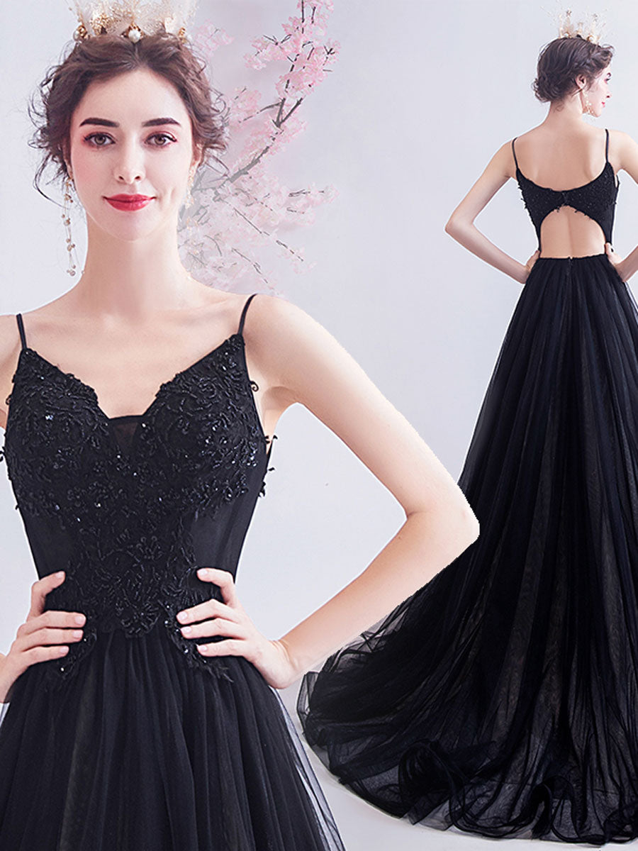 Elegant Black V-Neck Tulle Lace Long Prom Dress - Formal Evening Gown for Homecoming, Wedding, Party & Special Occasions
