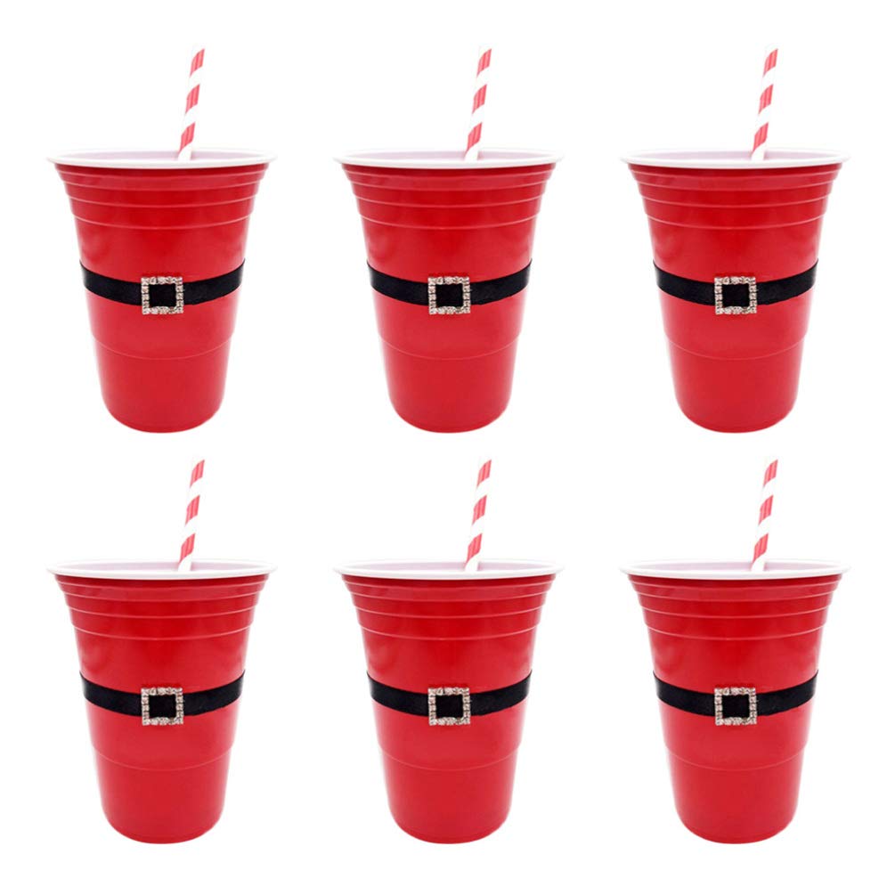 Happyyami 12-Piece Santa Belt Christmas Party Cups Set with Straws - Durable Plastic Drinking Cups for Holiday Celebrations, Home Parties & Festive Gatherings