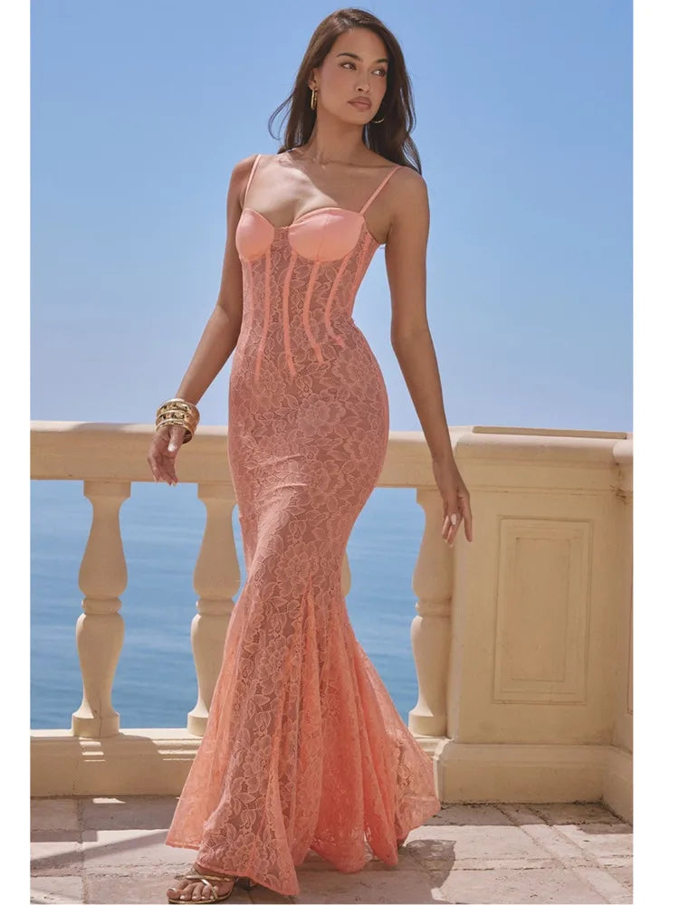 Articat Sexy Lace Mesh Patchwork Fishbone Spaghetti Strap Long Dress for Women | Backless Tight Zipper Evening Gown | Perfect for Club Parties, Date Nights & Special Occasions 2024