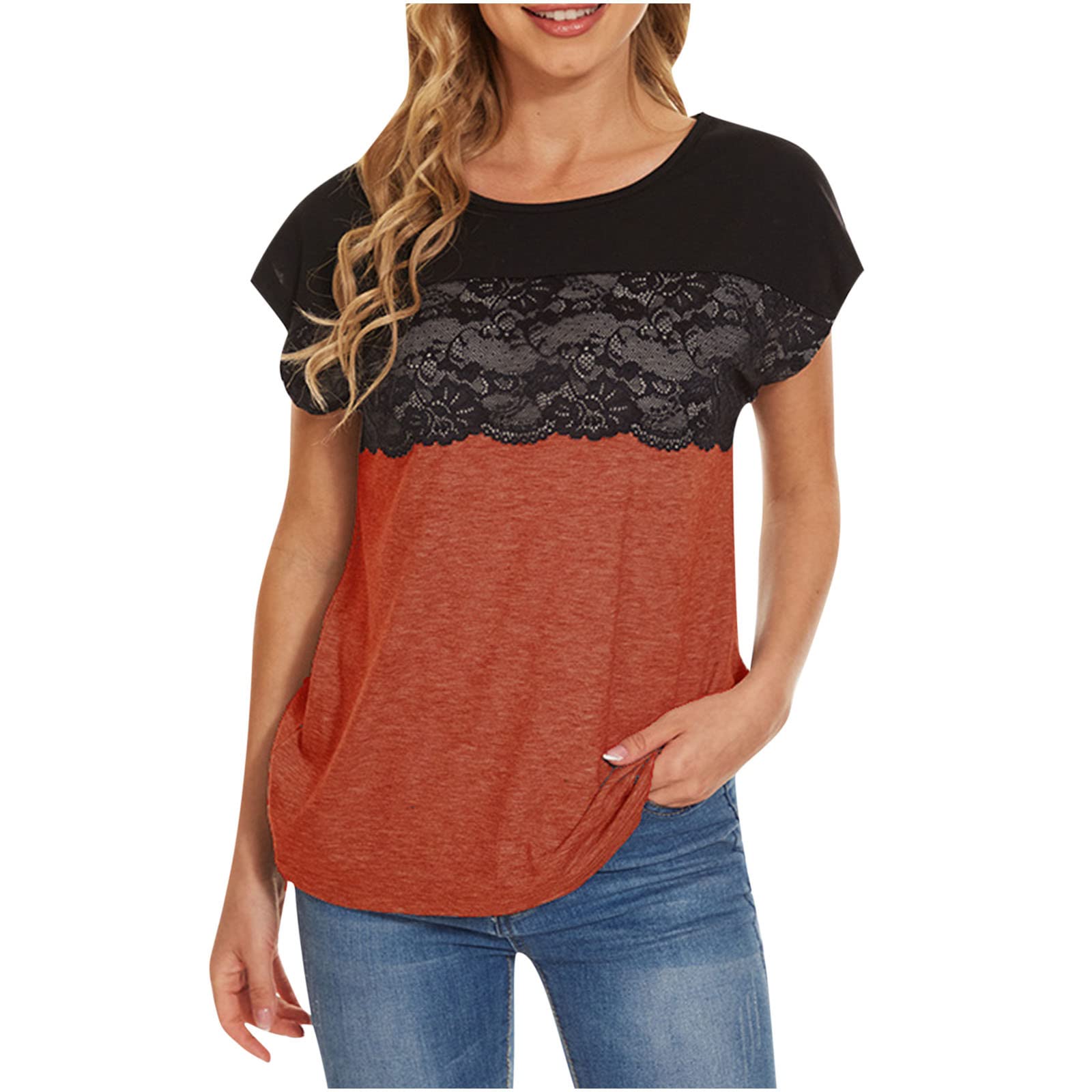 Women's Short Sleeve Summer T-Shirts - O-Neck Lace Patchwork Casual Tops, Loose Fit Basic Tee for Everyday Wear, Beach Outings & Summer Vacations