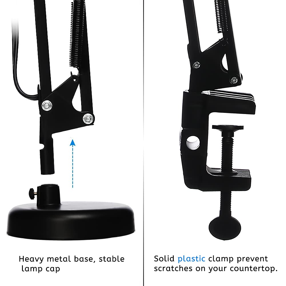 LED Desk Lamp with Clamp - Adjustable Swing Arm Task Light with 6500K Cool White Bulb - Foldable Office Lamp for Studying, Reading, Computer Work & Eye Protection (Black) - Perfect for Home Office, Dorm Room & Workspace Lighting