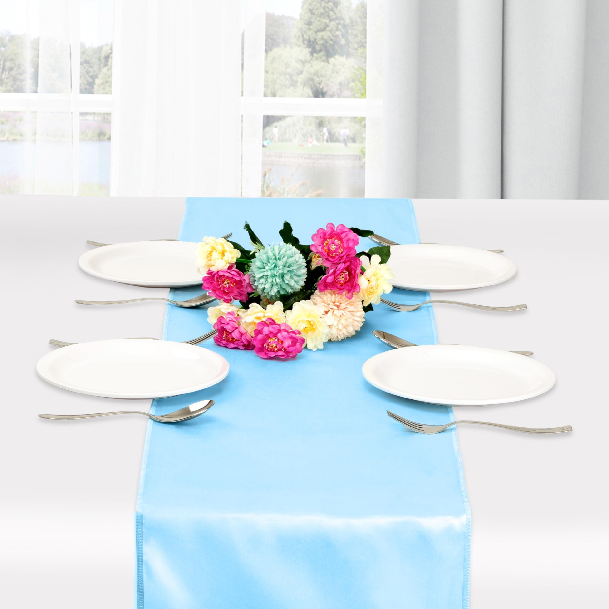 Fynite 2 Pack Baby Blue Satin Table Runner 12 x 108 Inches Long - Elegant Wedding Banquet & Birthday Party Table Decor - Smooth Silky Fabric for Dining Room & Event Centerpieces - Perfect for Holiday Celebrations & Home Decor