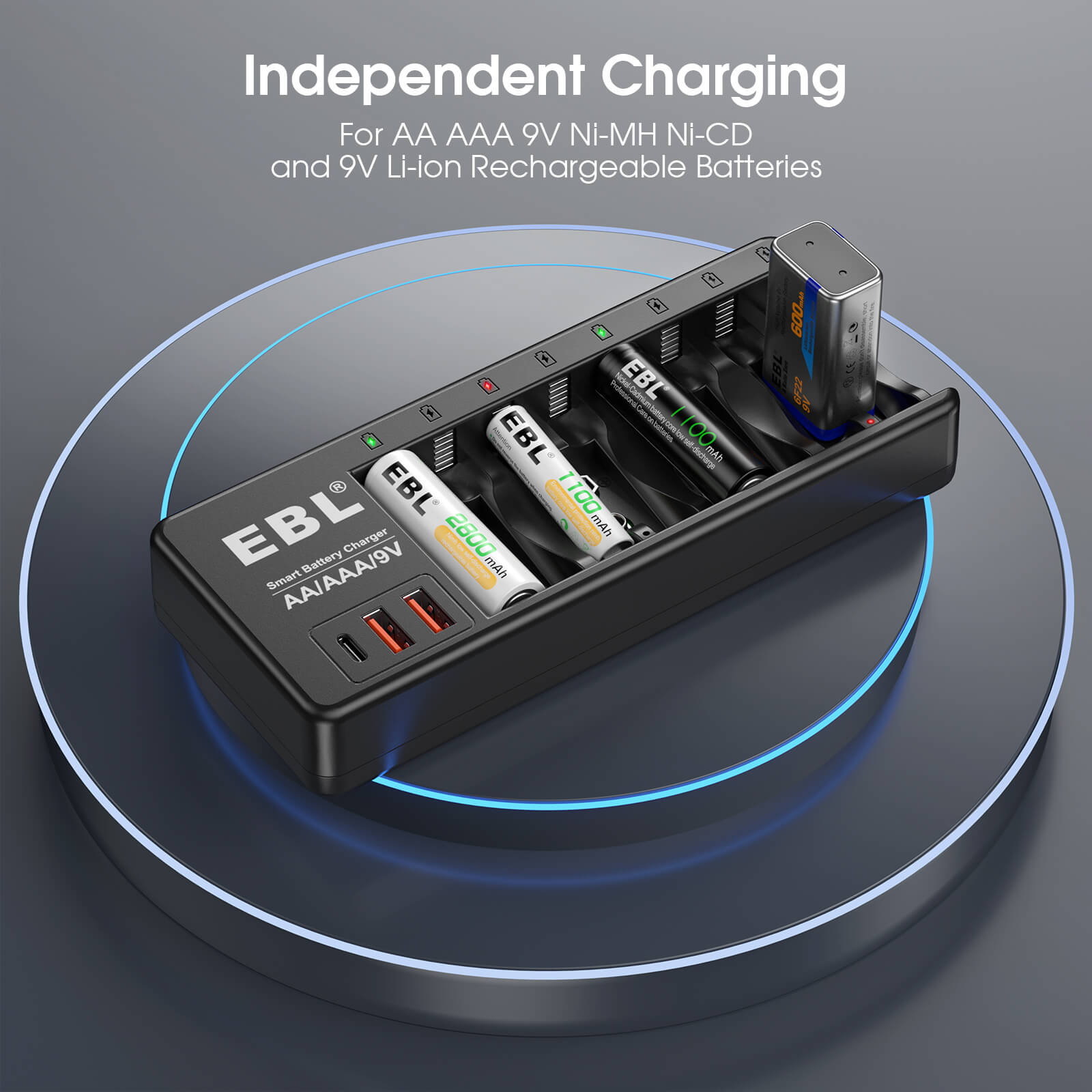 EBL AA AAA 9V Rechargeable Battery Charger with 8 AA & 8 AAA & 2 9V Batteries - Fast Charging for Household Electronics, Toys, Cameras, and Emergency Kits