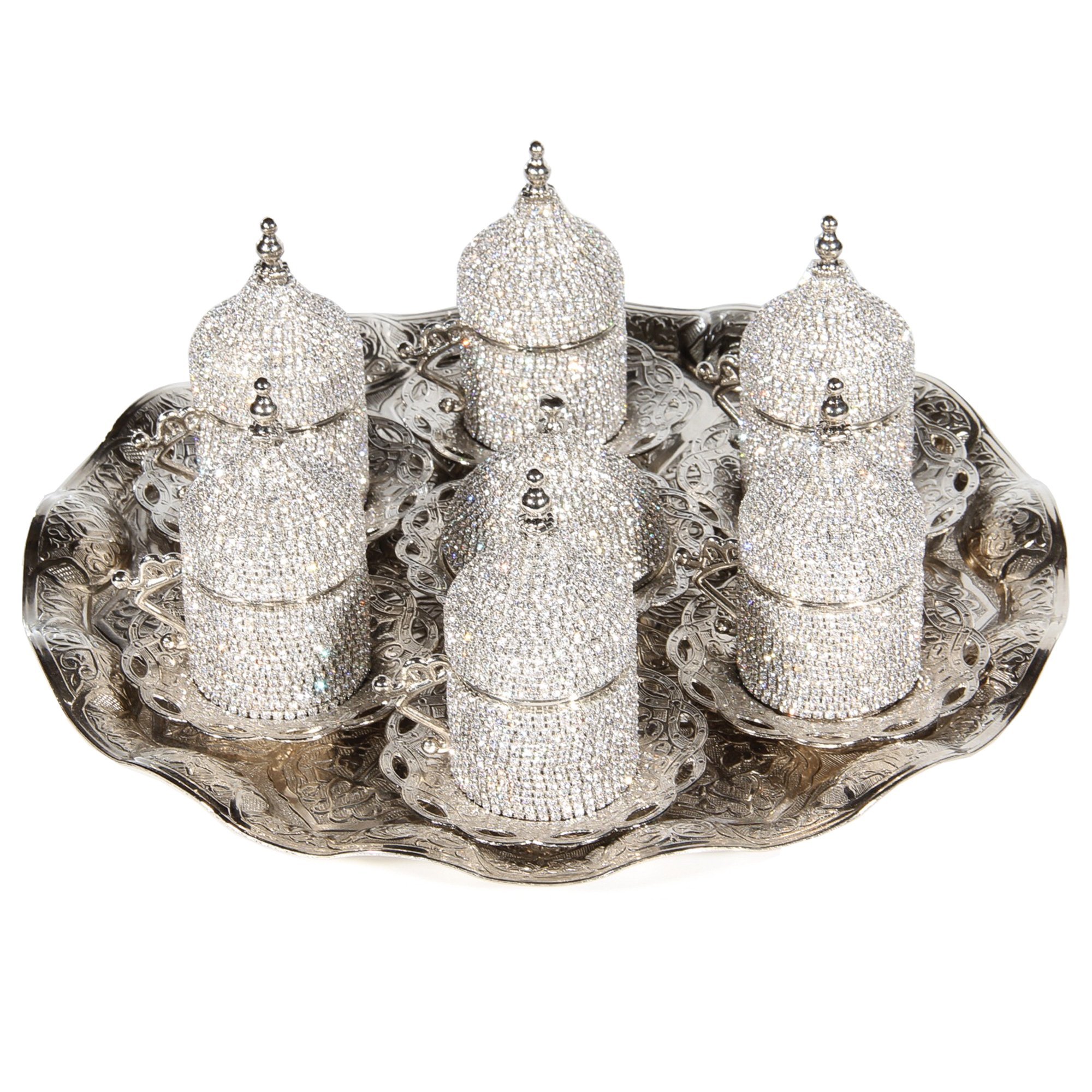 27-Piece Turkish Coffee Cup Set with Saucers & Holders - Elegant Silver Decorated Design for Home, Cafe & Gift Giving