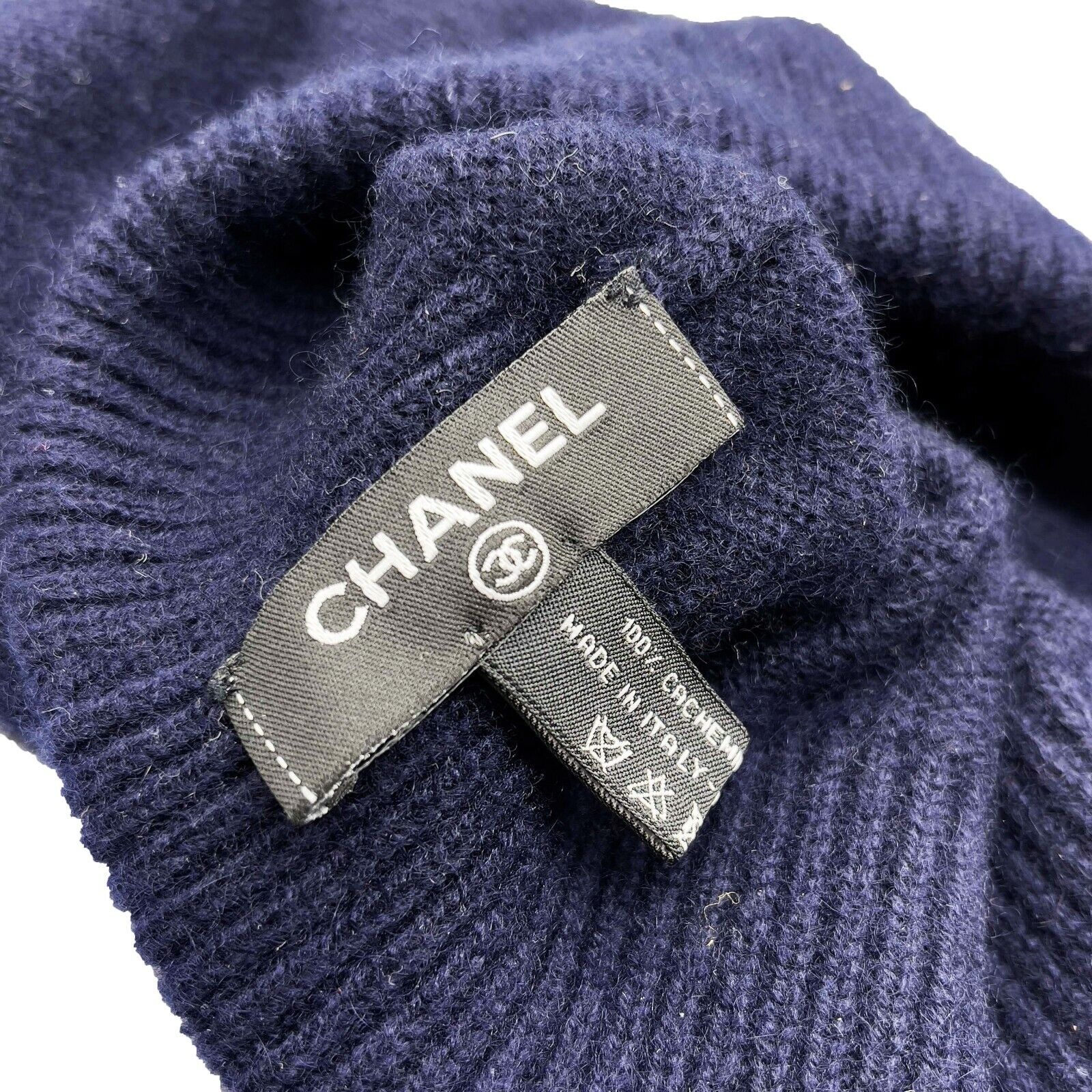 CHANEL Cashmere CC Logo Beanie Hat - Navy Blue Winter Knit Cap with Signature CC Logo - One Size Fits All - Perfect for Cold Weather & Luxury Fashion Accessories