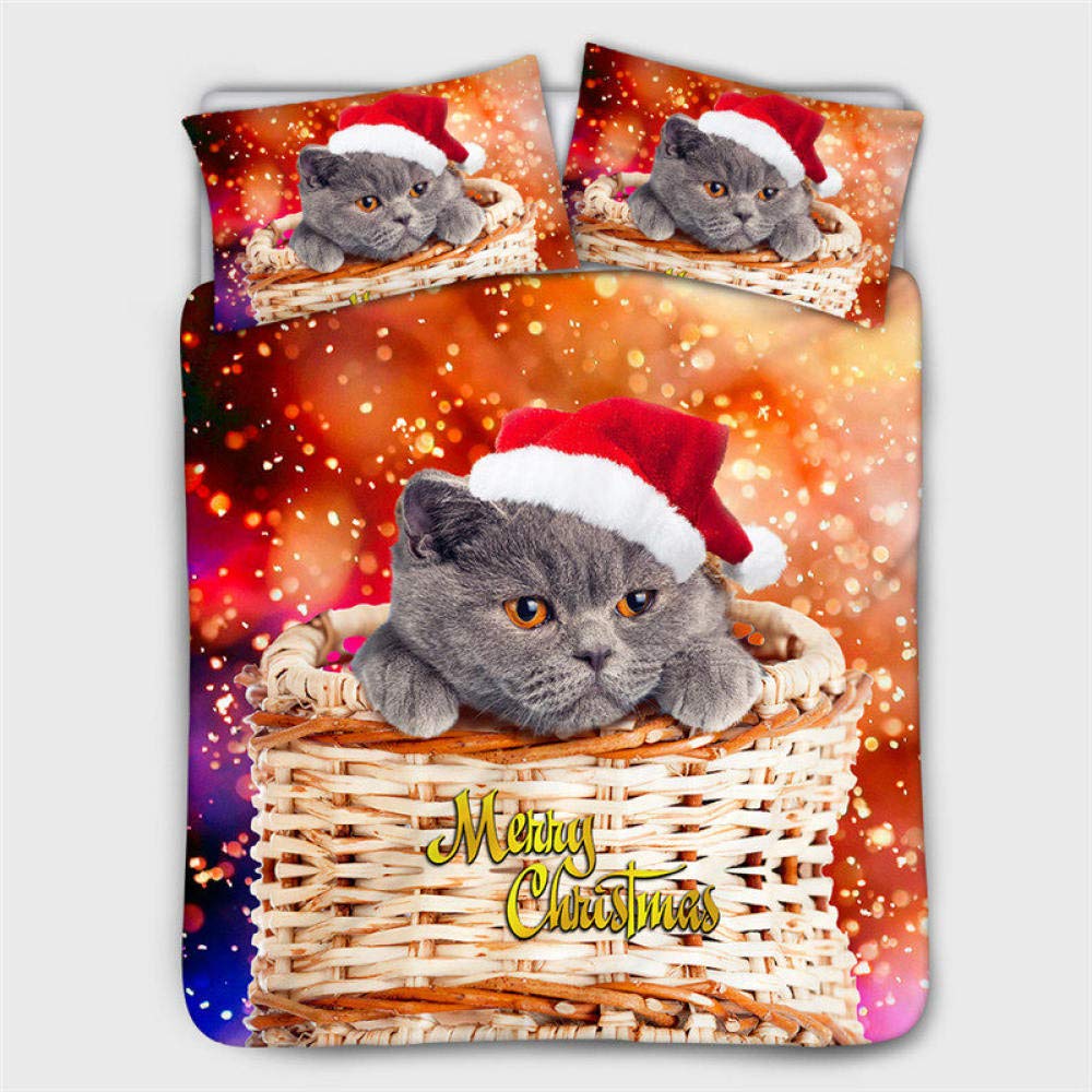 Brown Eyed Cat in Christmas Basket 3-Piece Duvet Cover Set - 3D Printed Holiday Bedding with Pillowcases for Kids Room (Twin Size) | Cozy Christmas Decor for Bedroom & Gift Idea