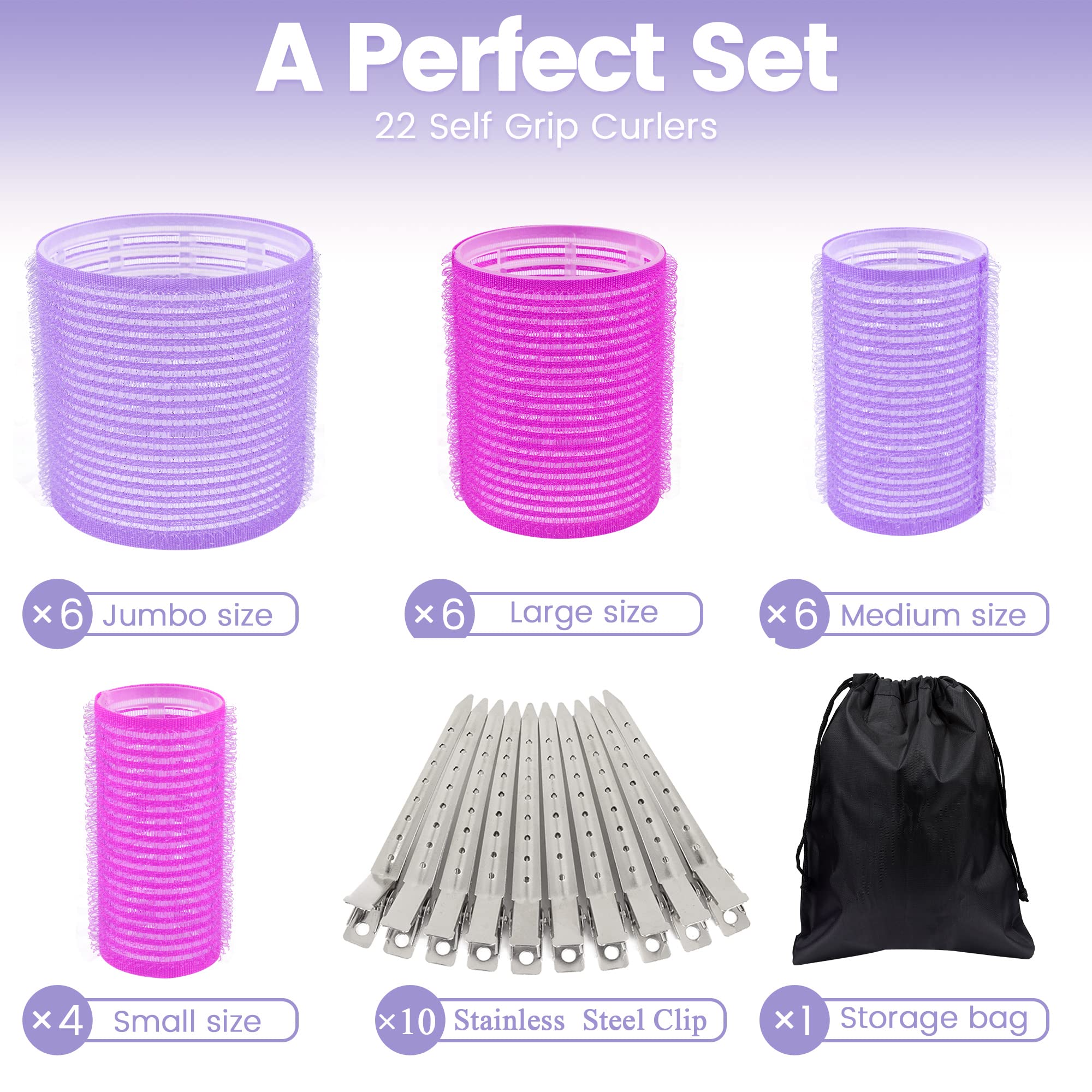 33 Piece Self Grip Hair Rollers Set - Large & Medium Hair Curlers for Long, Medium & Short Hair with 22 Rollers, 10 Stainless Steel Clips & Storage Bag | Perfect for Home Salon, DIY Styling, and Professional Hair Care