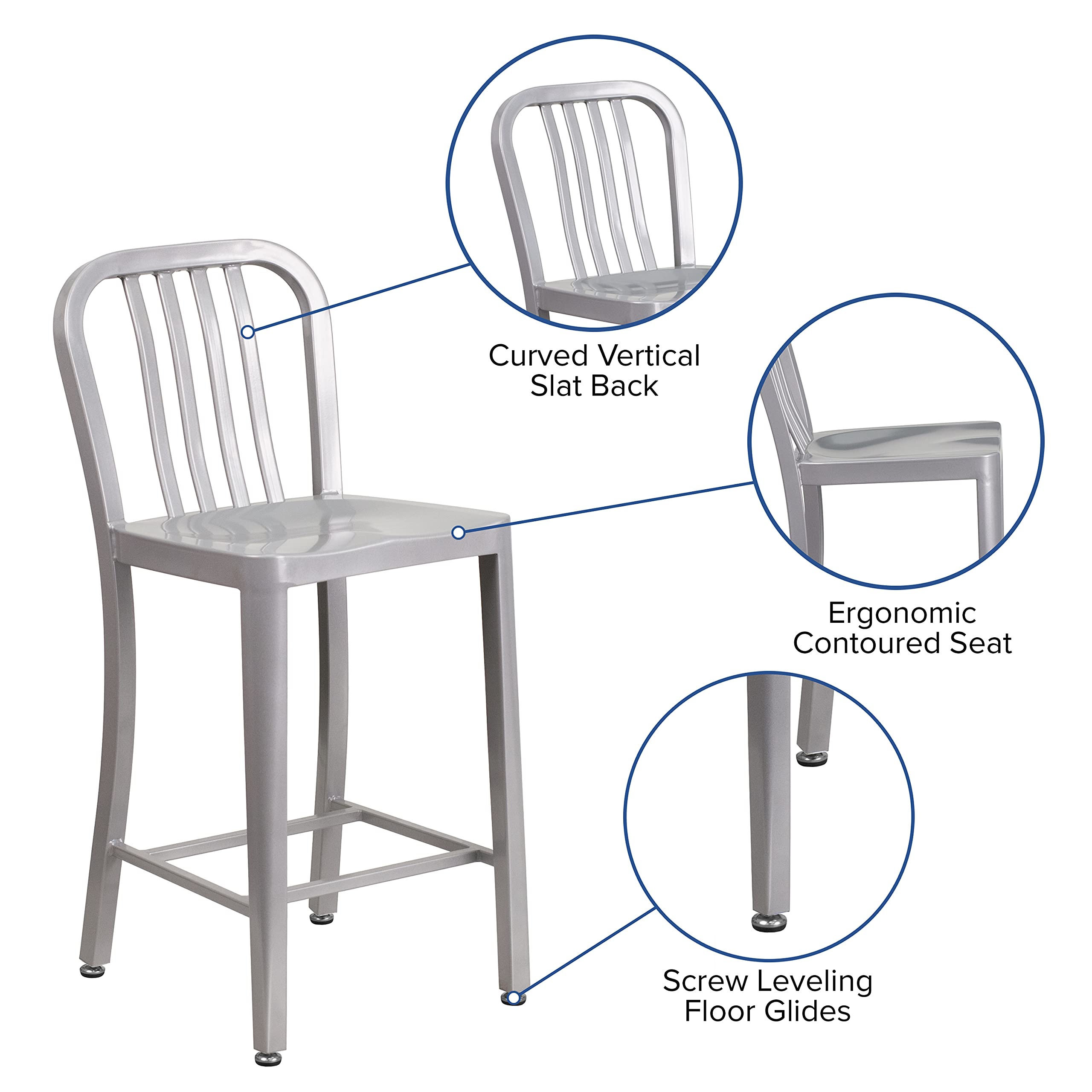 2 Pack 24 Inch Silver Metal Counter Height Bar Stools - Indoor Outdoor Use with Vertical Slat Back - Perfect for Kitchen Island, Breakfast Nook, and Patio Dining