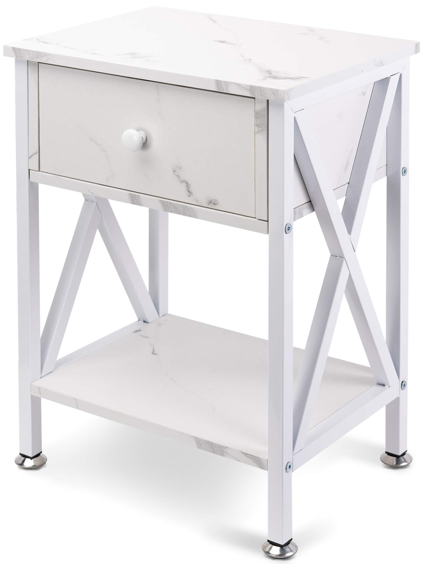 GOOD & GRACIOUS Multi-Function Nightstand with Drawer & Shelf - Narrow X-Shape Frame End Table for Bedroom, Living Room - Marble White | Perfect for Small Spaces, Bedside Storage & Modern Home Decor