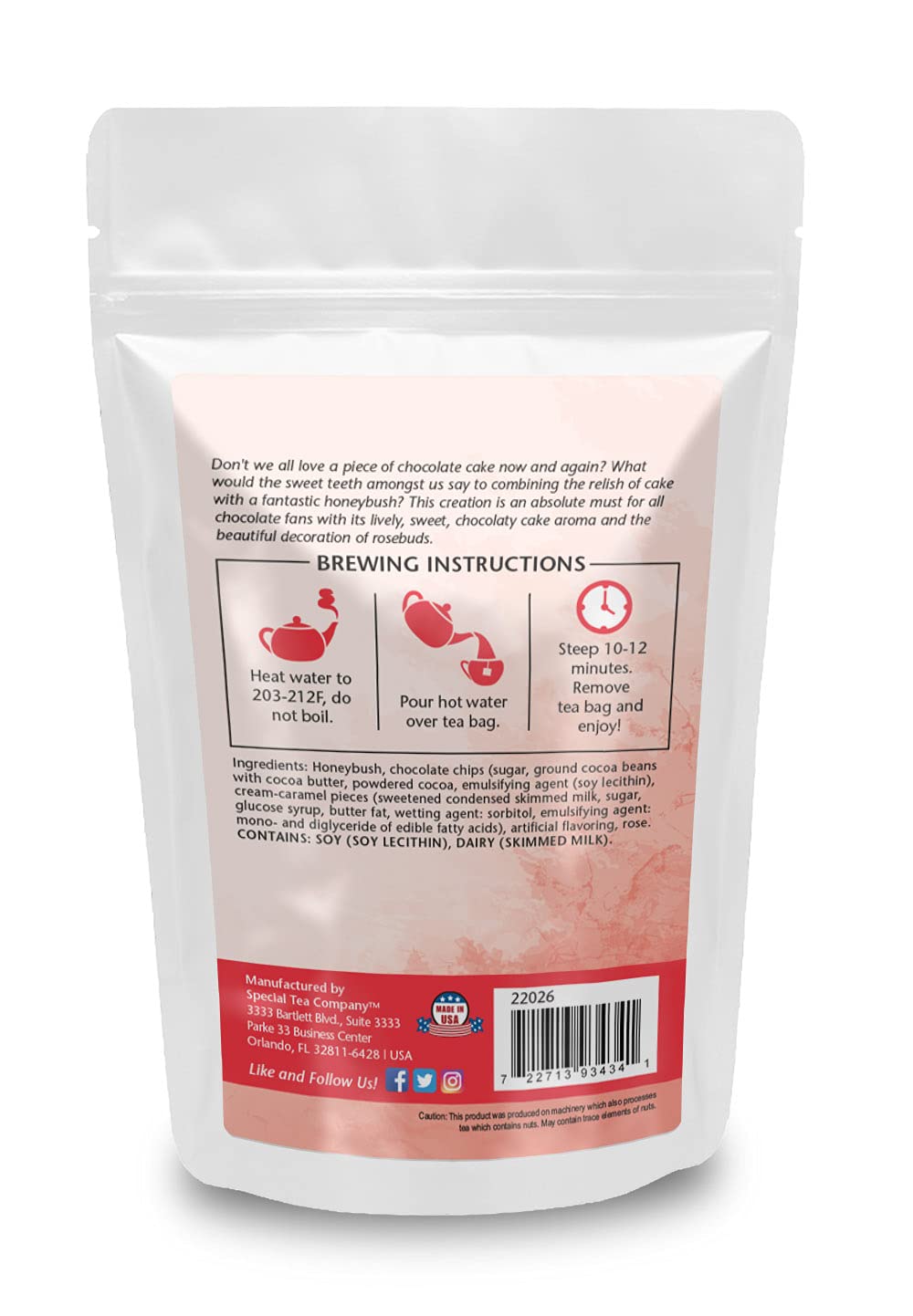 SpecialTea Company Chocolate Cake Honeybush Fruit Tea - Caffeine-Free Herbal Tea Bags, 20 Pyramid Sachets for Relaxation & Dessert Pairing - Perfect for Afternoon Tea & Gift Giving