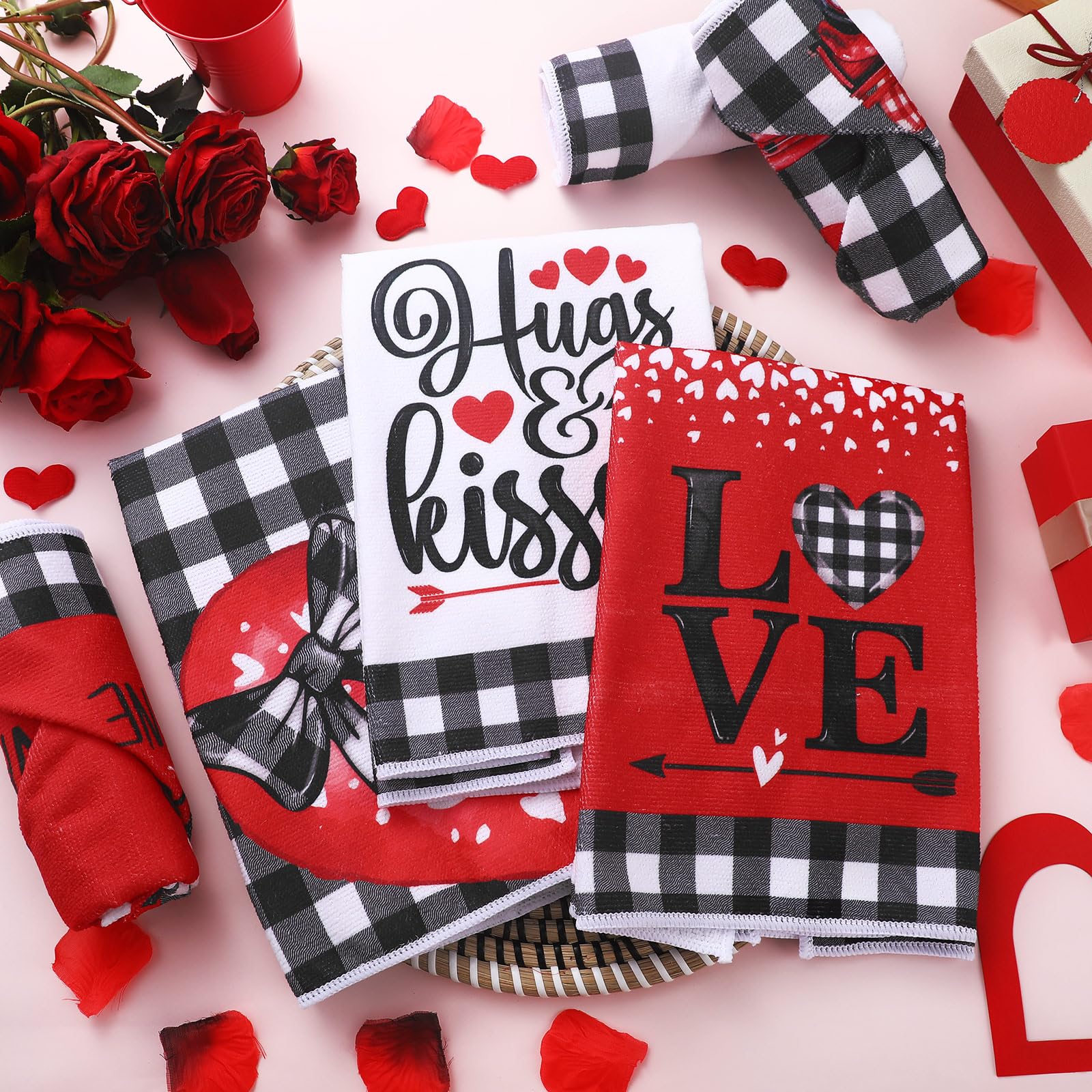 6-Piece Valentine's Day Kitchen Towel Set - Romantic Heart Print Dish Cloths & Hand Towels for Bathroom Decor, Holiday Home Decorations & Housewarming Gifts (Red) - Perfect for Valentine's Kitchen, Tea Parties & Romantic Home Decor
