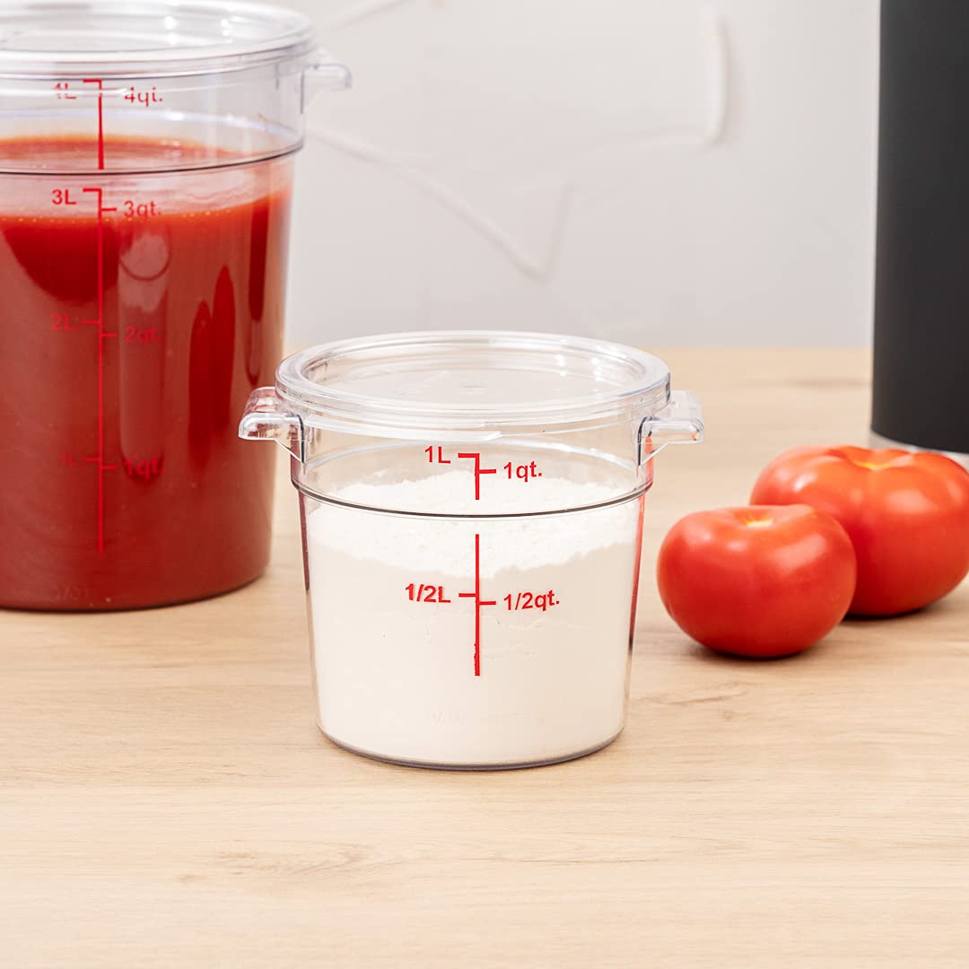 Restaurantware Met Lux 1 Quart (32 oz) Clear Plastic Food Storage Containers - 10-Pack Round Commercial Food Prep Buckets with Volume Markers, Lids Sold Separately | Space-Saving Kitchen Organization for Restaurants, Catering & Meal Prep