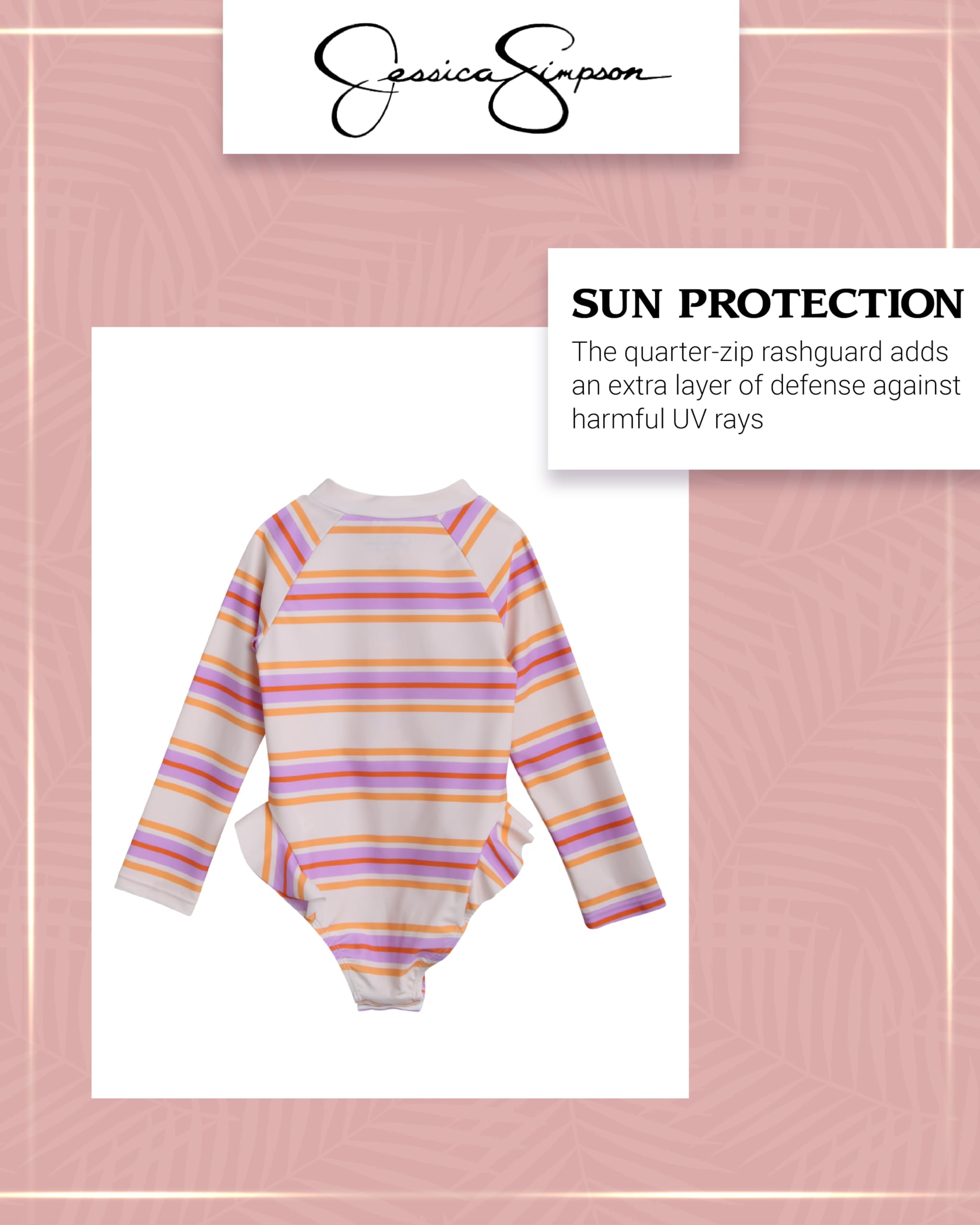Jessica Simpson UPF 50+ Quick Dry Long Sleeve Baby Girls' Rashguard Swimsuit - Sun Protection One Piece Bathing Suit for Toddlers 12M-4T | Beach, Pool & Water Play Outfit