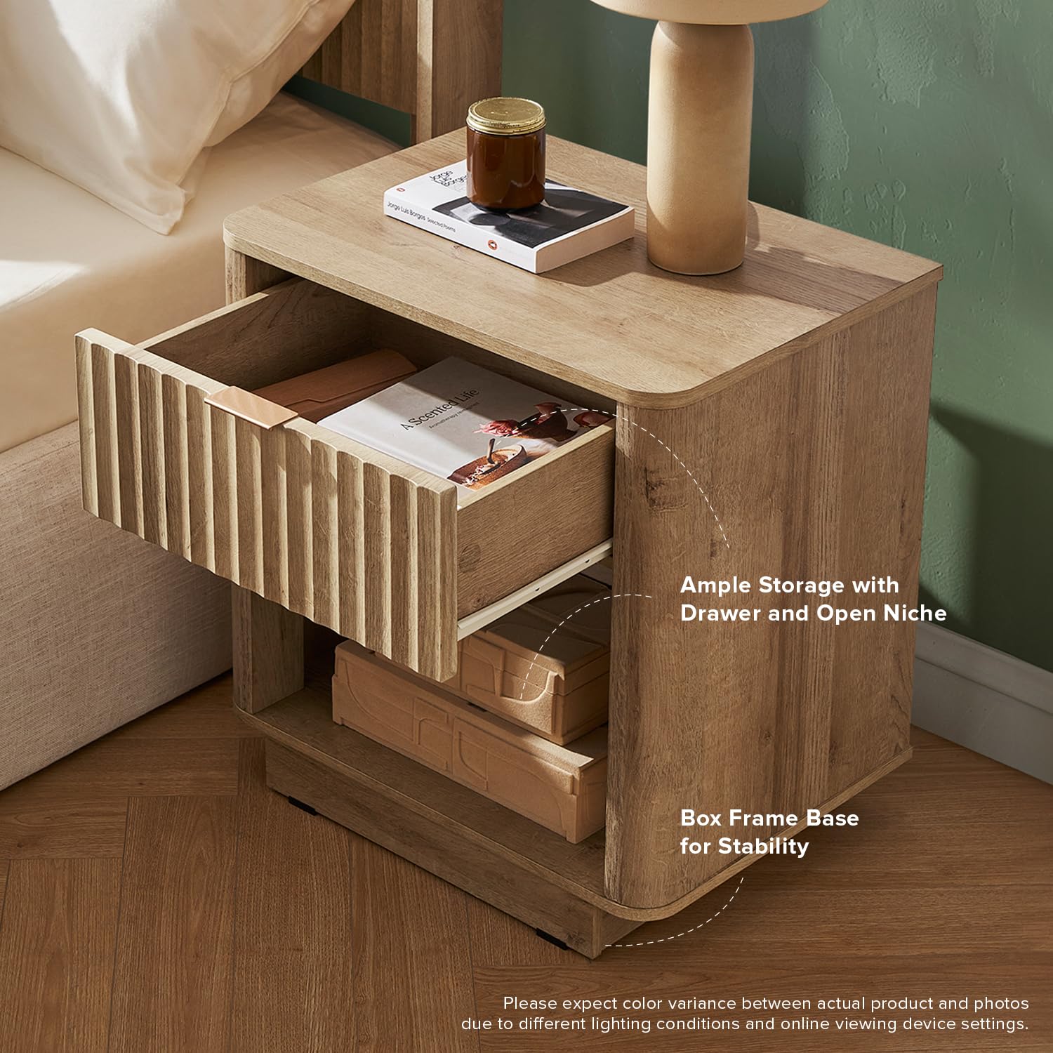Mopio Brooklyn Night Stand - Modern Farmhouse Bedside Table with Drawer & Fluted Panel, Small End Table with Storage, Curved Profile (Golden Oak, Set of 2) - Perfect for Bedroom, Living Room, Guest Room & Apartment Decor