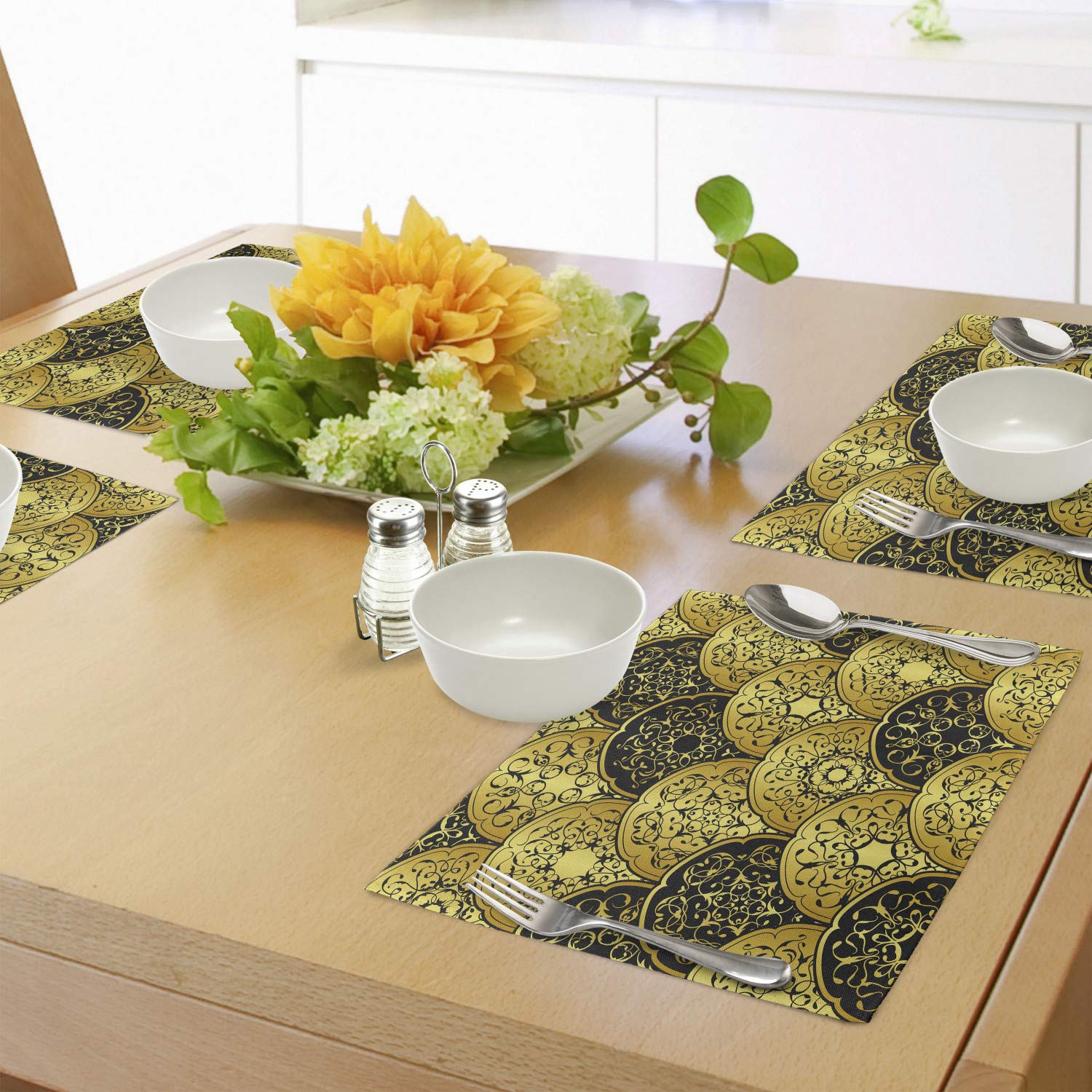 Ambesonne Mandala Place Mats Set of 4 - Round Overlapping Retro Design Washable Fabric Placemats for Dining Table & Kitchen Decor in Yellow & Black | Perfect for Boho Home Decor, Dinner Parties & Holiday Gatherings