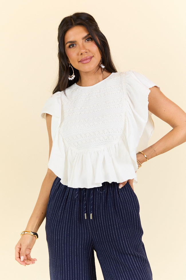 How Far You've Come White Smocked Knit Top - Women's Casual Lace Blouse for Summer, Date Night & Special Occasions