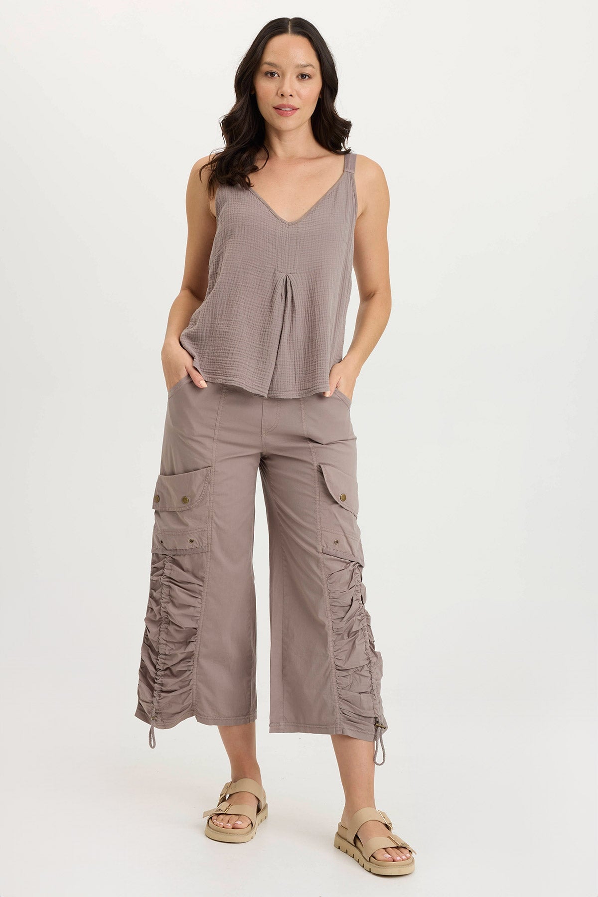 Muldoon Women's Poplin Ruched Wide Leg Crop Pants - Comfortable High Waist Casual Trousers for Spring & Summer Outfits