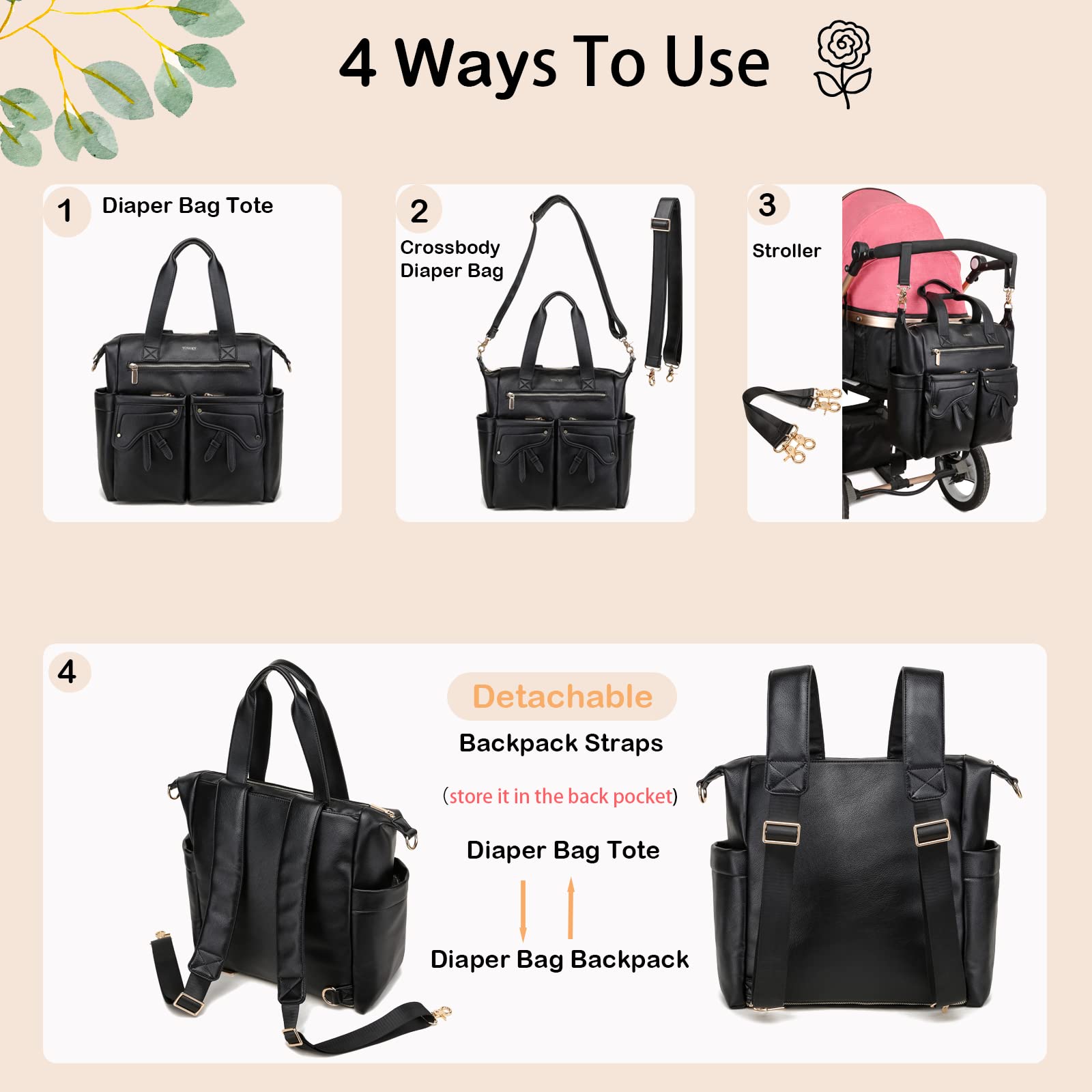 Premium Leather Diaper Bag Backpack for Moms - Large Capacity Travel Tote with Multiple Pockets | Perfect for Baby Essentials, Daycare, and Family Outings