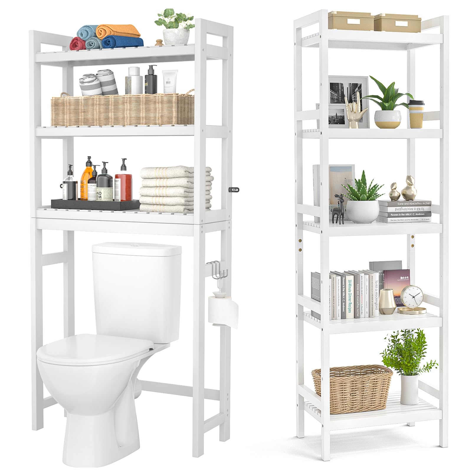 Homykic White Bamboo Over The Toilet Storage Shelf with 5-Tier Bathroom Organizer - Space Saving Bathroom Storage Solution for Small Spaces, Toilet Paper Holder & Towel Rack