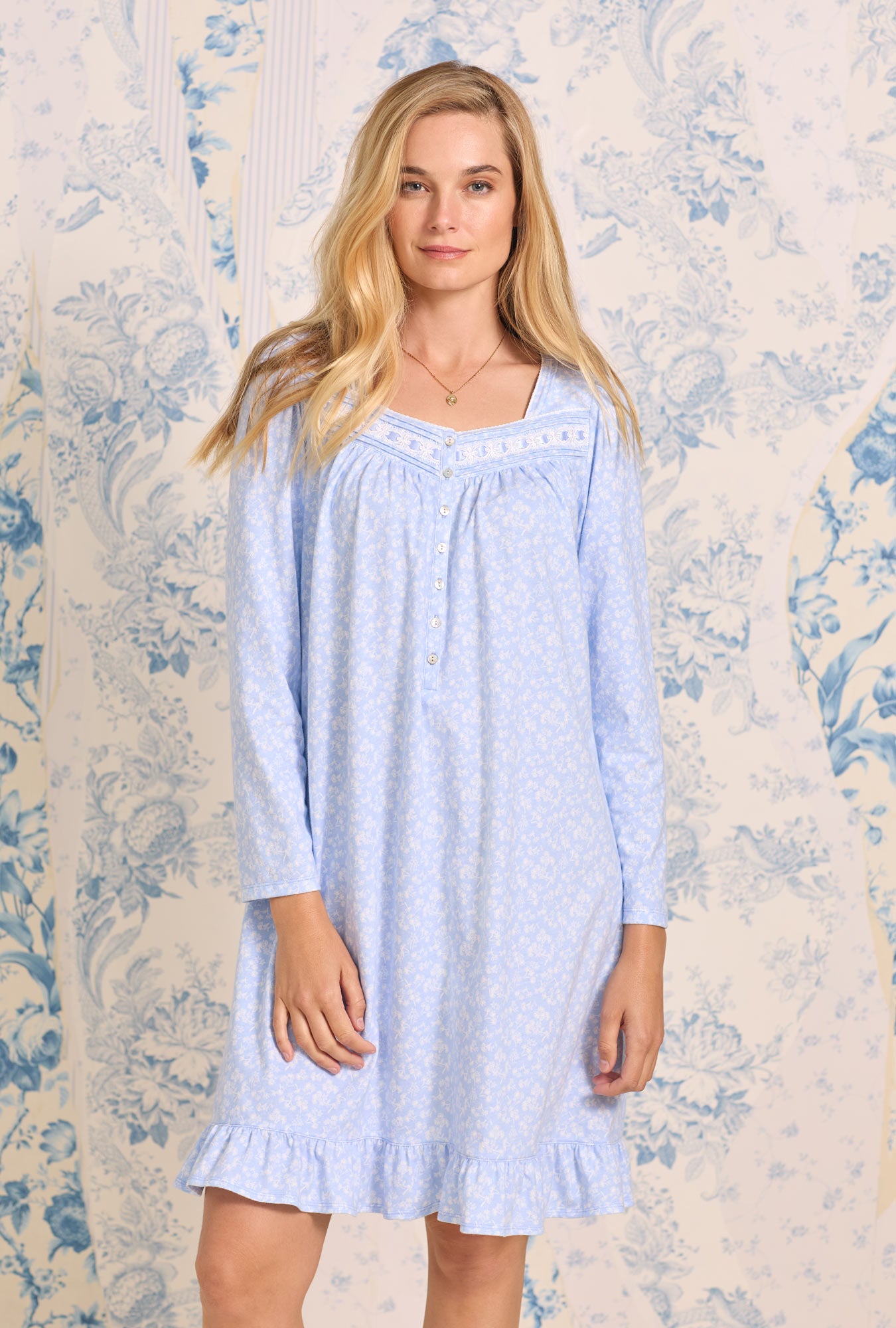 Aqua Floral Long Sleeve Short Nightgown - Soft Comfortable Sleepwear for Women, Loose Fit Summer Pajama Dress - Perfect for Bedtime, Lounging & Vacation Wear