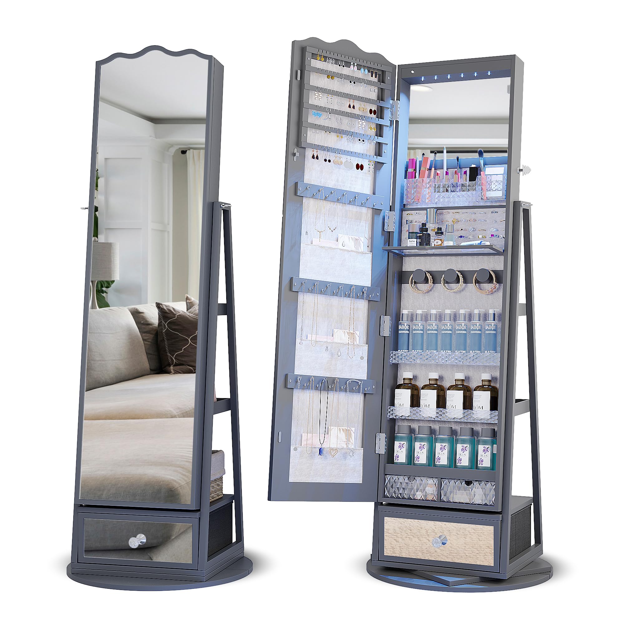 360° Rotating LED Jewelry Armoire with Full-Length Mirror - Large Capacity Jewelry Organizer with Lights & Lock - Floor Standing Mirror Cabinet with Storage Shelves for Bedroom, Cloakroom - Perfect for Organizing Necklaces, Rings & Accessories in Walk-In Closets or Dressing Rooms
