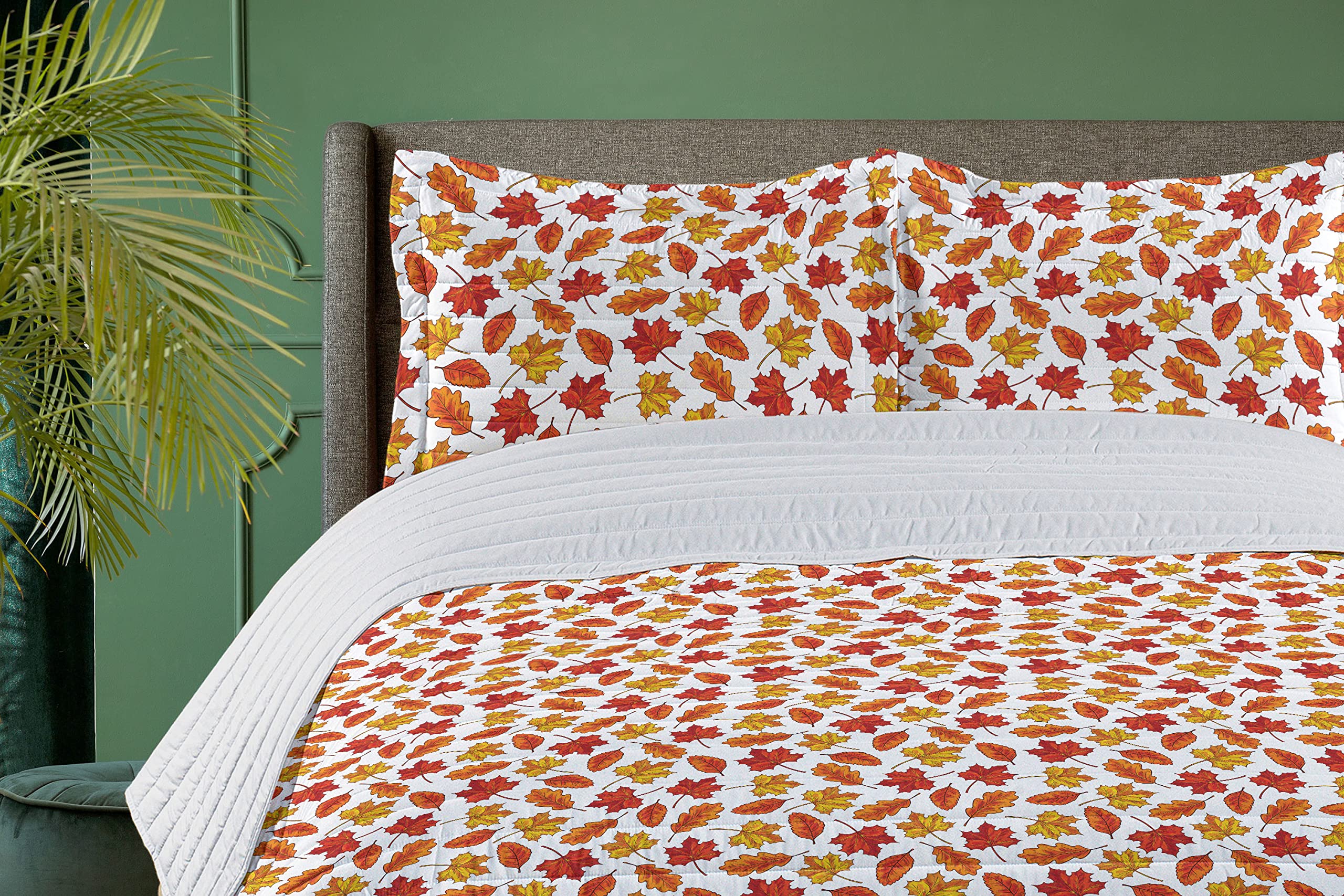 Ambesonne Maple Leaf Microfiber Bedspread Set - Queen Size Soft Bedding with Pillow Shams & Comforter, White Burgundy Yellow Fall Forest Silhouette Design | Perfect for Autumn Bedroom Decor & Seasonal Home Styling