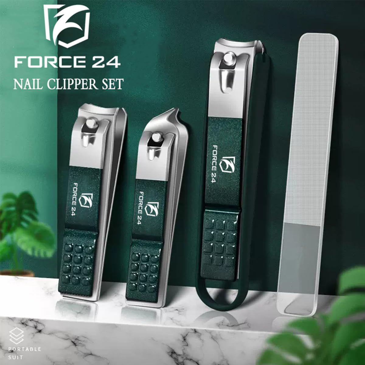 **Force24 Ultra Sharp Nail Clipper Set - 4-Piece Professional Fingernail & Toenail Clippers with Glass File for Men & Women - Perfect for Thick Nails & Travel (Green Set with Box)**    *Ideal for home grooming, travel, salon use, and thick nail care.*