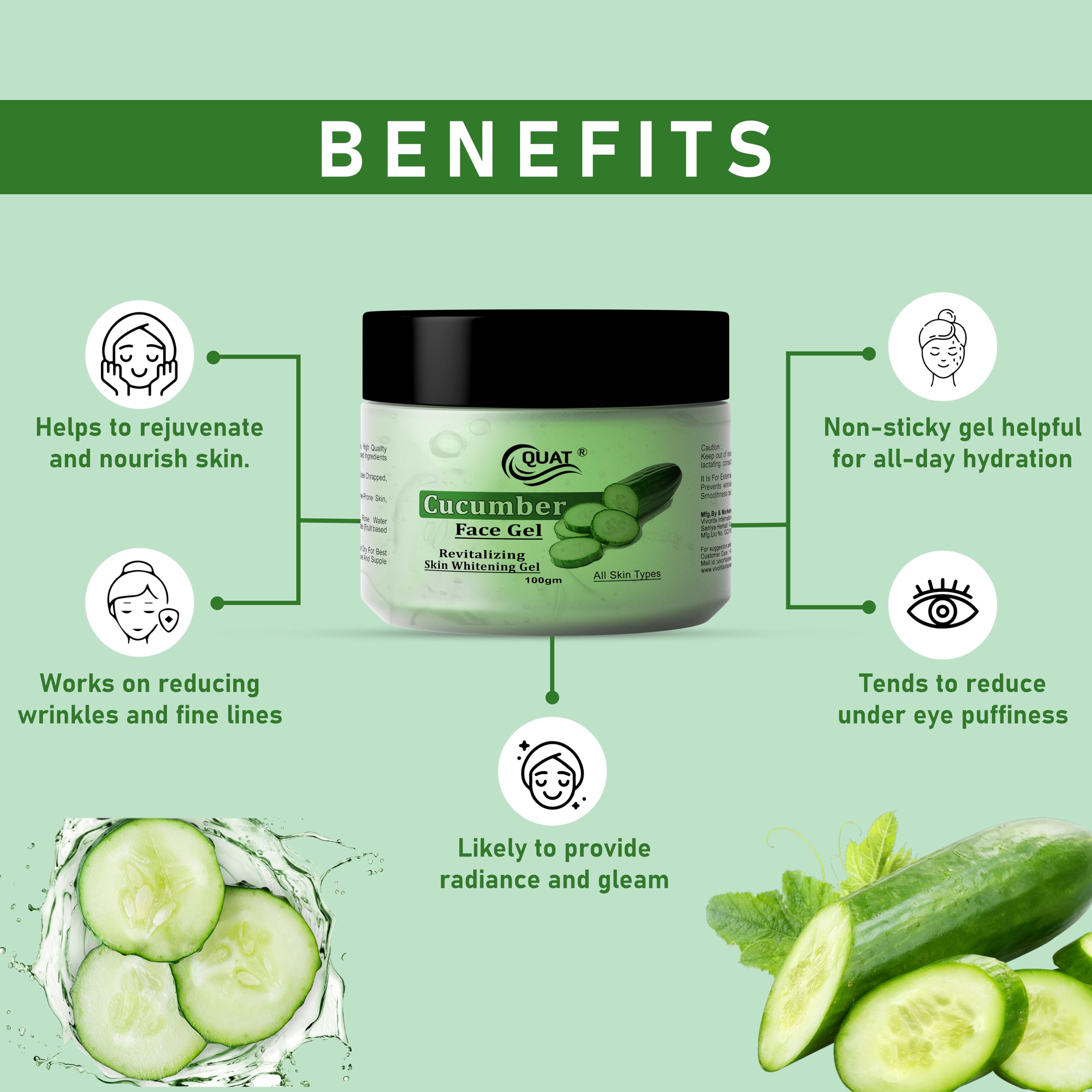 Quat Face Gel for Glowing Skin - Hydrating Cucumber Gel for Women & Men | Daily Skincare Routine, Morning & Night Moisturizer