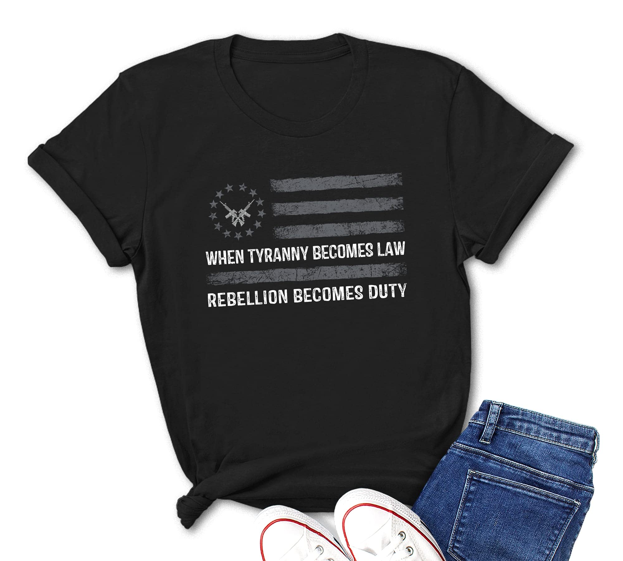 Pro Gun Vintage T-Shirt - Patriotic American Flag Design for Men & Women - When Tyranny Becomes Law Rebellion Becomes Duty - Perfect for 2A Supporters, Political Rallies & Freedom Protests