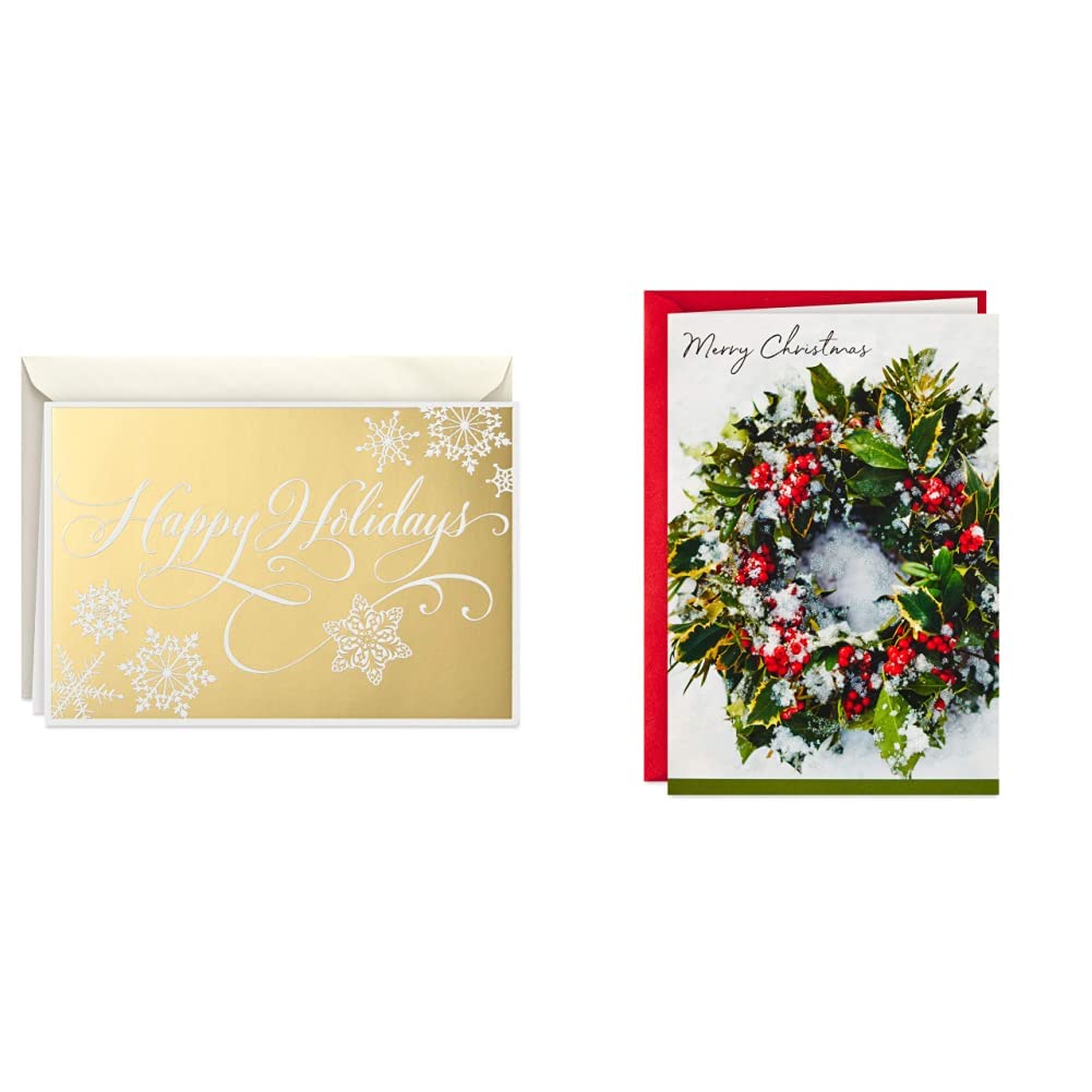 Hallmark Holiday Greeting Cards Set - 16 Gold Happy Holidays Cards with 17 Envelopes & 40 Snowy Wreath Christmas Cards with Envelopes | Perfect for Seasonal Greetings, Office Parties, and Family Celebrations