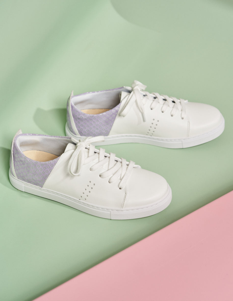 Renée White Leather and Lilac Floral Suede Low Baskets - Perfect for Casual Outings, Spring Fashion, and Everyday Wear