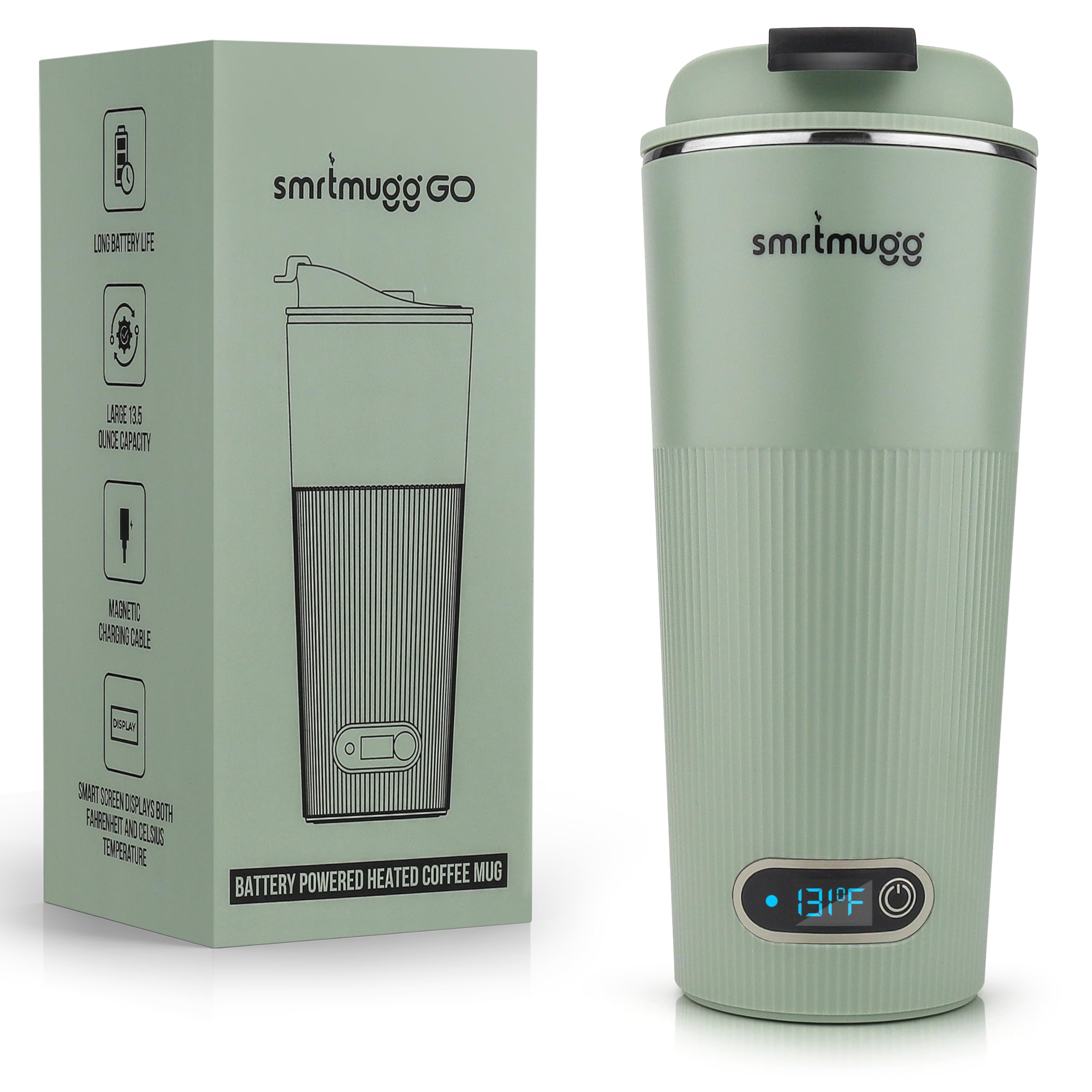 GO Smart Heated Coffee Mug 13.5oz - Battery Powered Travel Mug with Magnetic Charging - Keeps Coffee & Tea Warm for Hours - Perfect for Office, Commute & Outdoor Use (Mint Green)