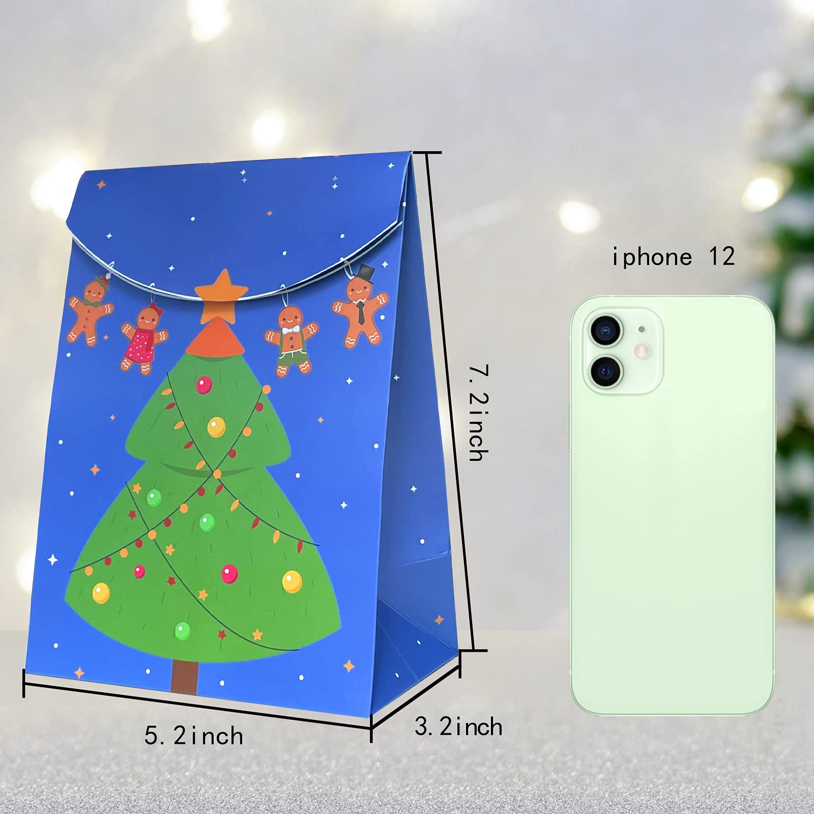 12-Piece Small Christmas Gift Bags with Magic Tape - Durable Xmas Treat Bags for Cookies, Candies & Gifts - Perfect for Holiday Parties, Stocking Stuffers & Festive Gift Giving