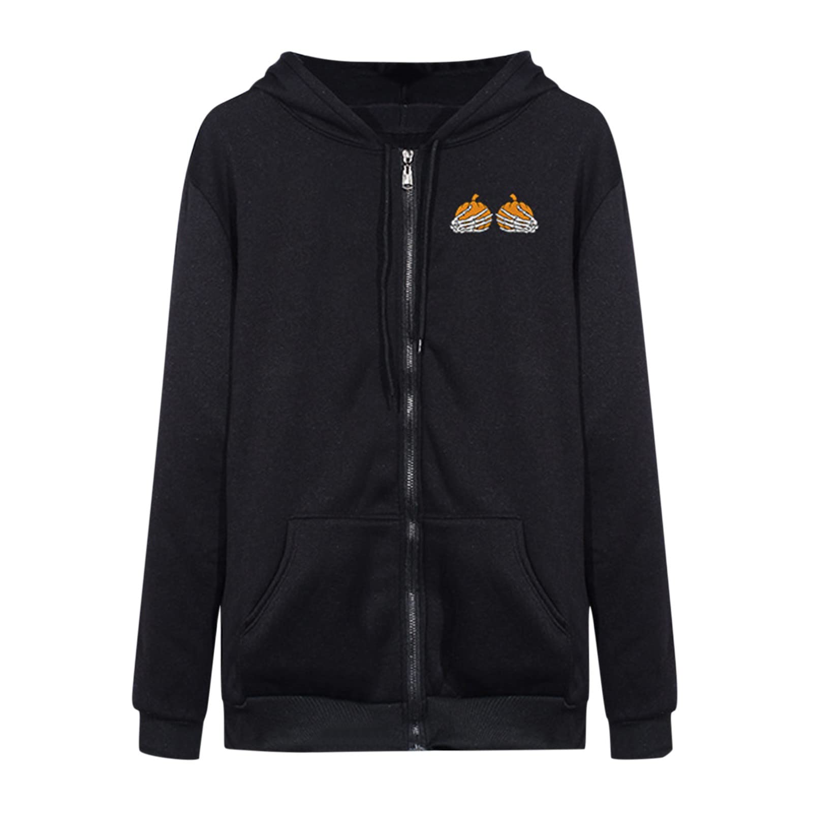 Women's Fashion Casual Loose Pumpkin Skeleton Print Zip-Up Hooded Sweatshirt - Cozy Fall Pullover for Halloween Parties, Outdoor Activities & Streetwear Style