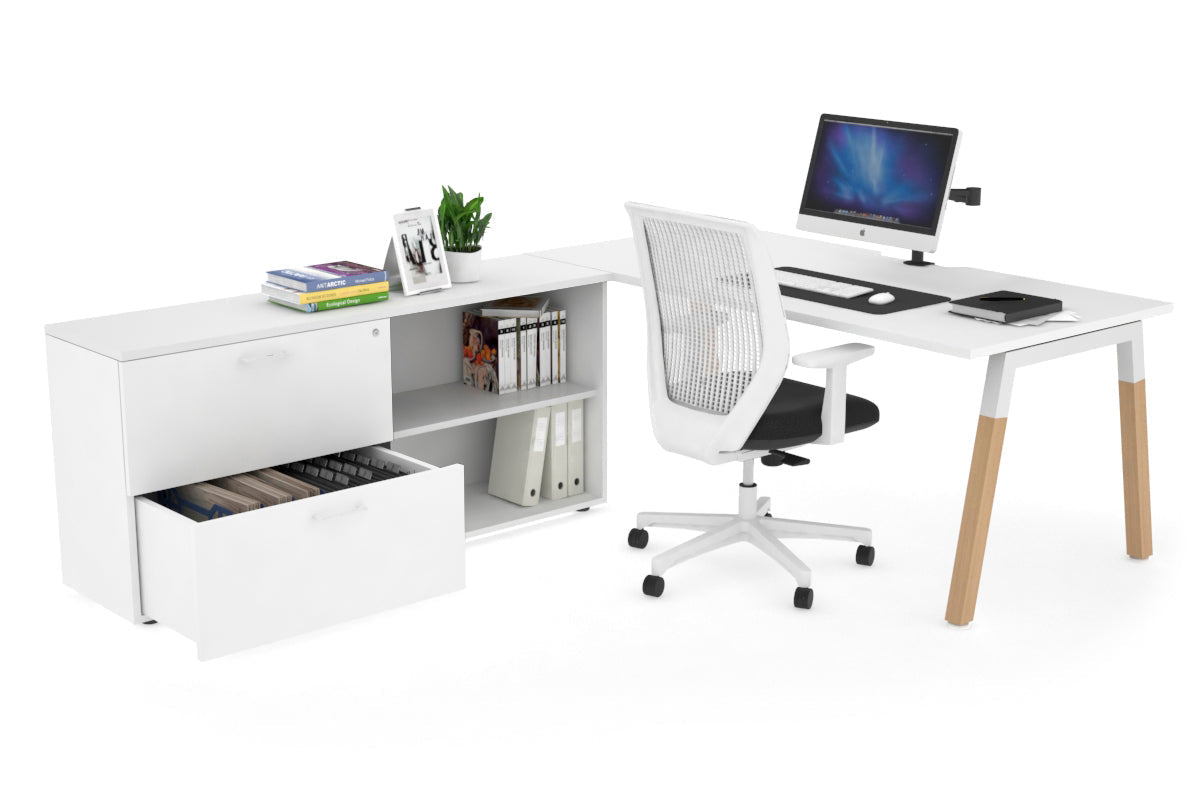 Premium Quadro A-Legs Executive Desk - Solid Wood Legs with White Cross Beam [1600L x 800W] - Modern Office Furniture for Home & Workspace - Includes Cable Management Scallop for Neat Setup
