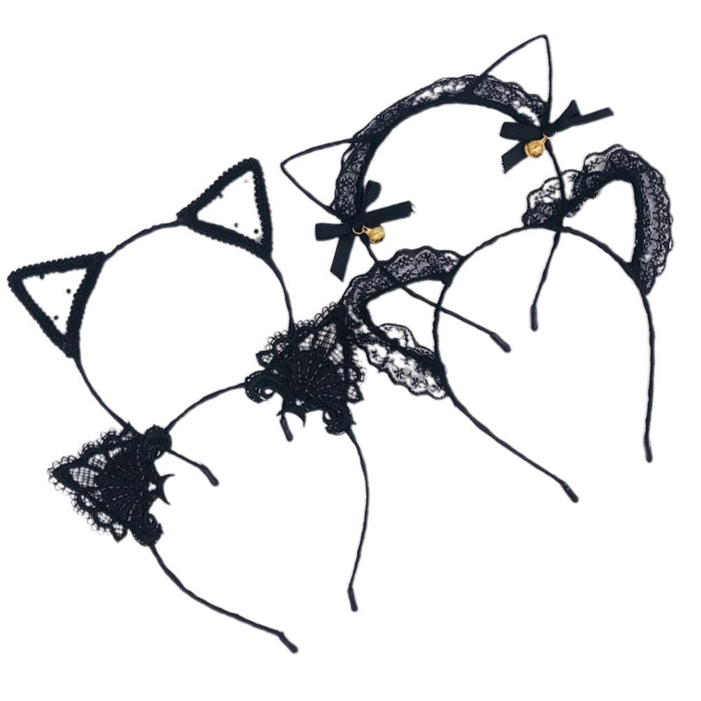 4pcs Lace Cat Ear Headbands for Women & Girls - Cute Halloween Cosplay Costume Accessories, Cat Ear Hair Hoops for Parties, Dress Up & Photo Props