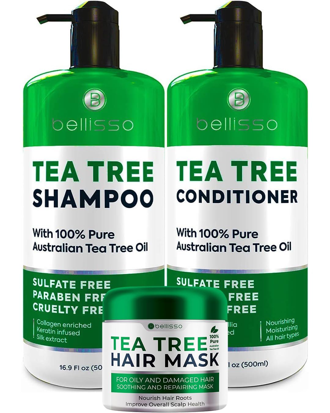 BELLISSO Tea Tree Oil Shampoo, Conditioner & Hair Mask Set - Natural Scalp Care for Dandruff, Itchy Scalp & Hair Growth | Perfect for Daily Use & Salon-Quality Treatment at Home