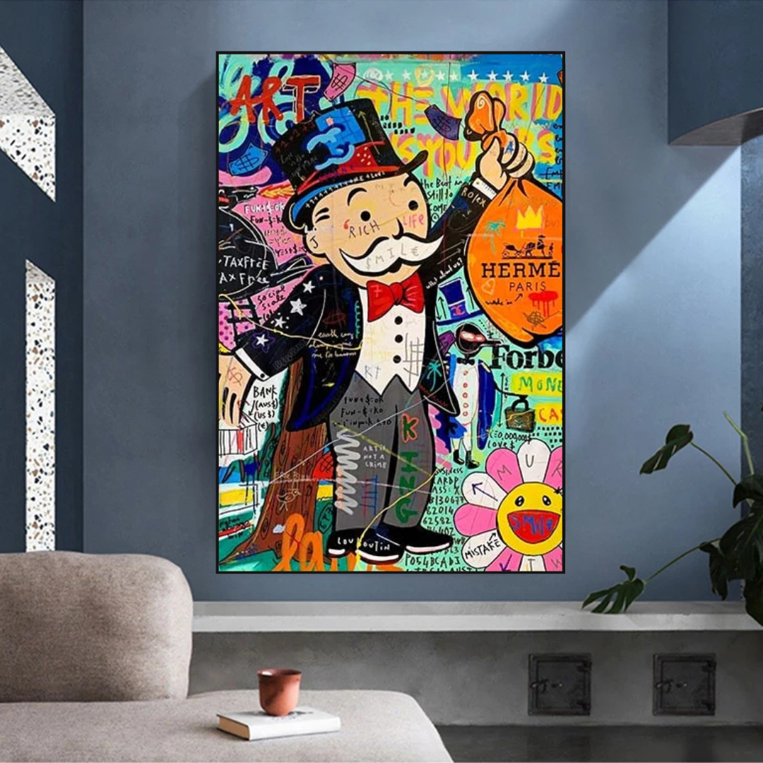 Alec Monopoly 'The World is Yours' Money Bag Canvas Wall Art - Pop Art Home Decor for Living Room, Office & Game Room