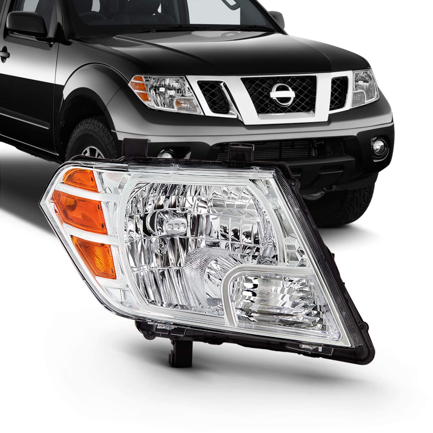 AKKON Chrome Headlights with Amber Signal for 2009-2021 Nissan Frontier Extended Crew Cab Pickup Truck - Halogen Style Replacement Headlamp (Passenger Side Right) - Perfect for Night Driving and Off-Road Adventures