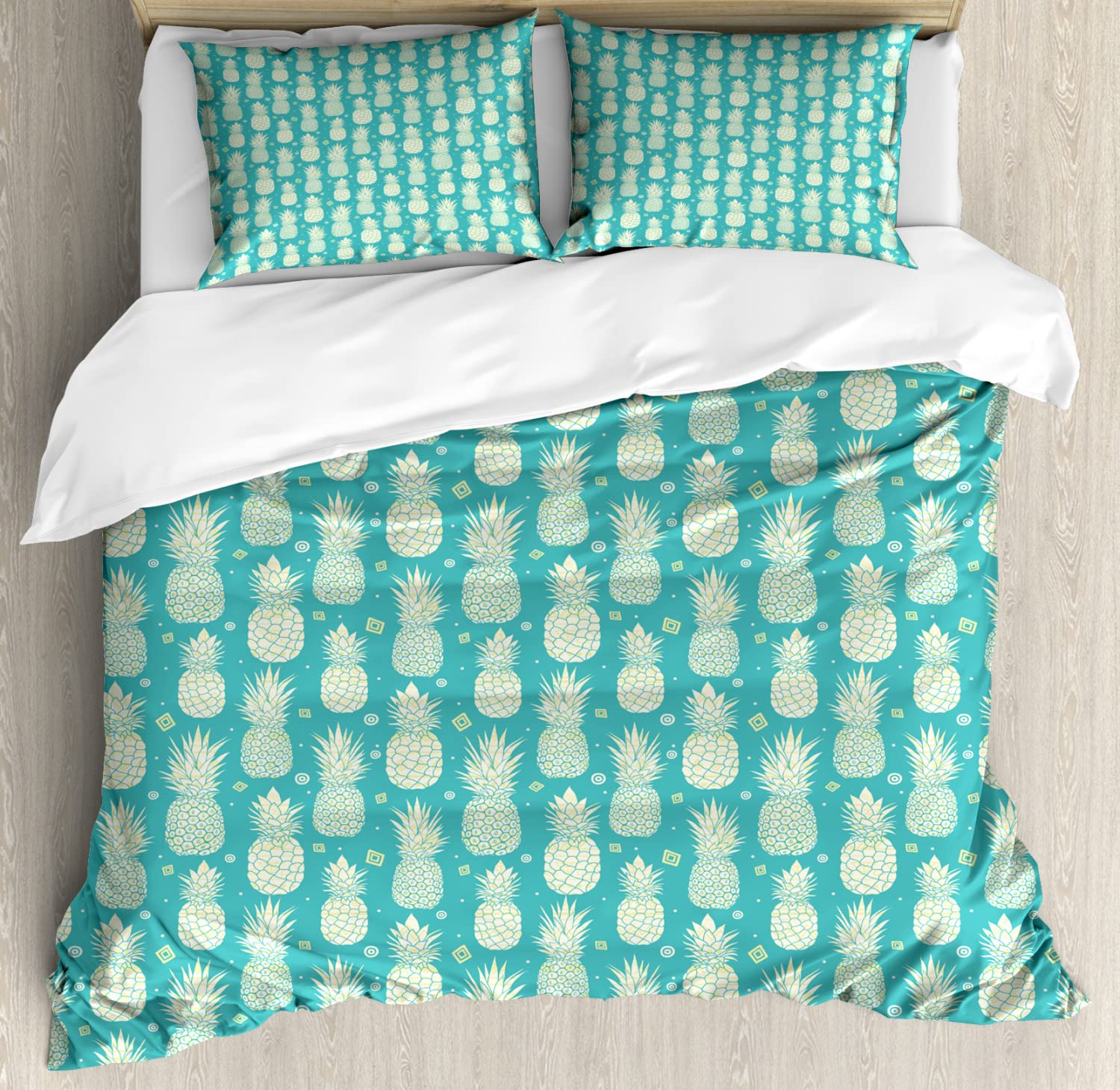 Ambesonne Pineapple Duvet Cover Set - King Size 2-Pack with 2 Duvet Covers & 4 Pillowcases - Tropical Summer Abstract Design with Exotic Fruits in Pale Yellow & Turquoise - Soft Bedding for Beach House, Guest Room & Summer Home Decor