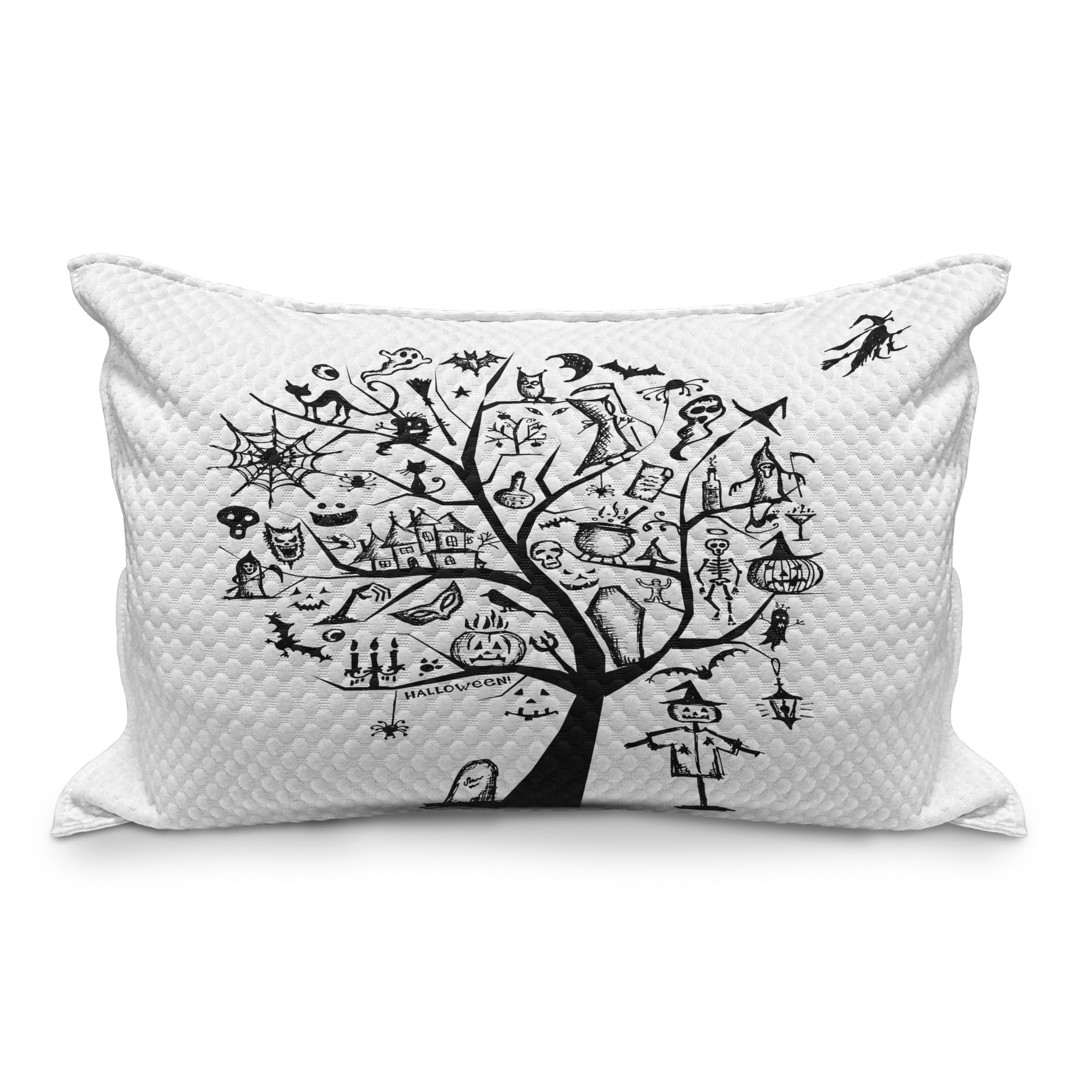 Ambesonne Halloween Quilted Pillow Cover - Spooky Tree & Witch Broom Abstract Design, Standard King Size 36