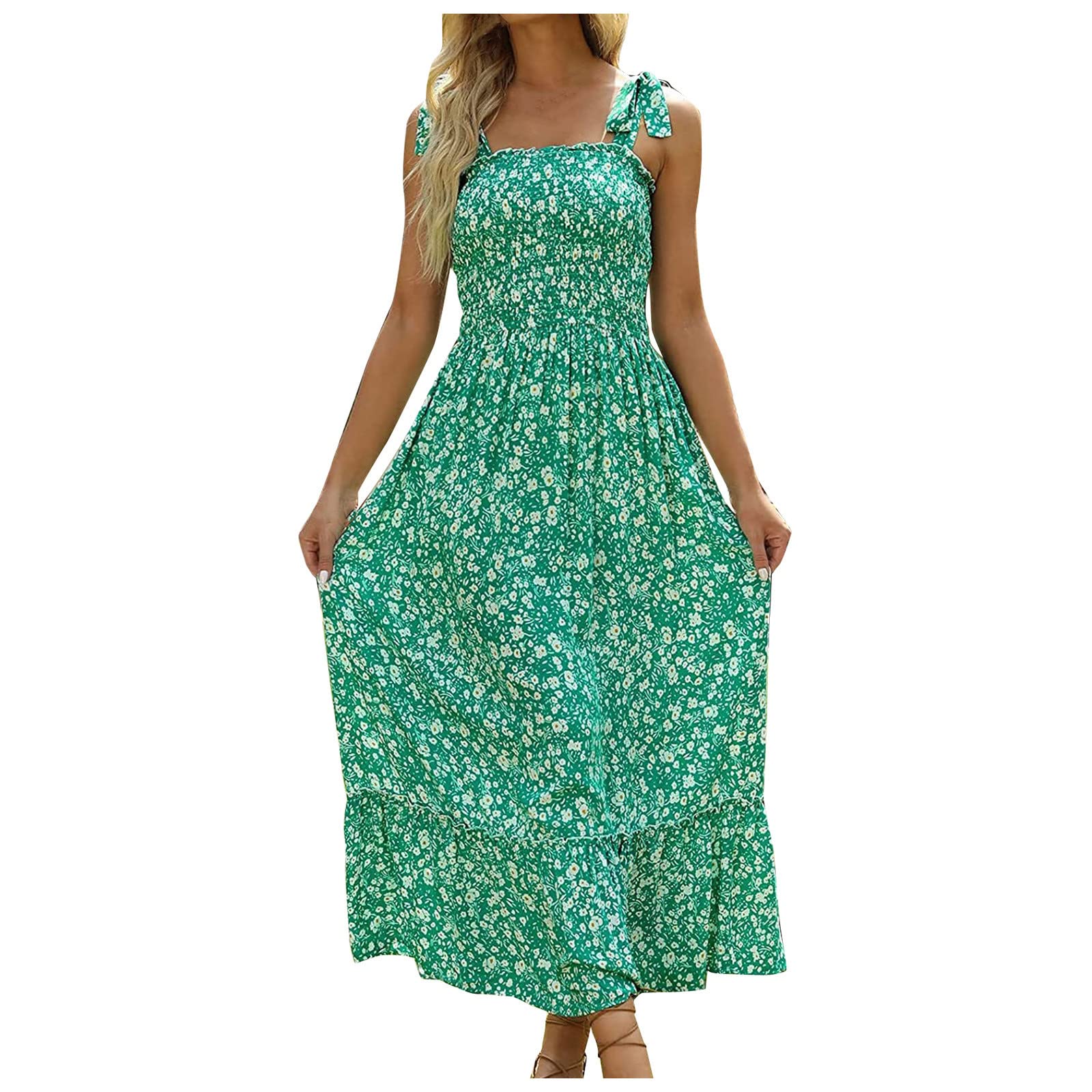 Women's Square Neck Sleeveless Smocked Ruffle Tunic Dress - Floral Print Lace-Up Flowy Maxi Dress for Evening Party, Beach Vacation & Summer Outings