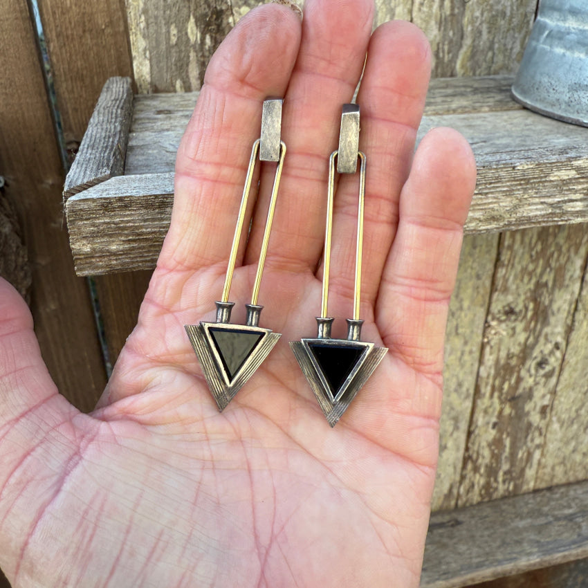 Vintage & Modern J.P. Reardon Sterling Silver Gold Onyx Pierced Post Earrings for Women - Elegant Dangle Earrings for Party, Wedding & Everyday Wear